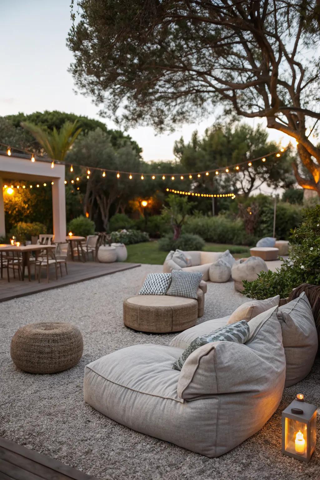 An inviting lounge area on crushed granite is perfect for relaxation.
