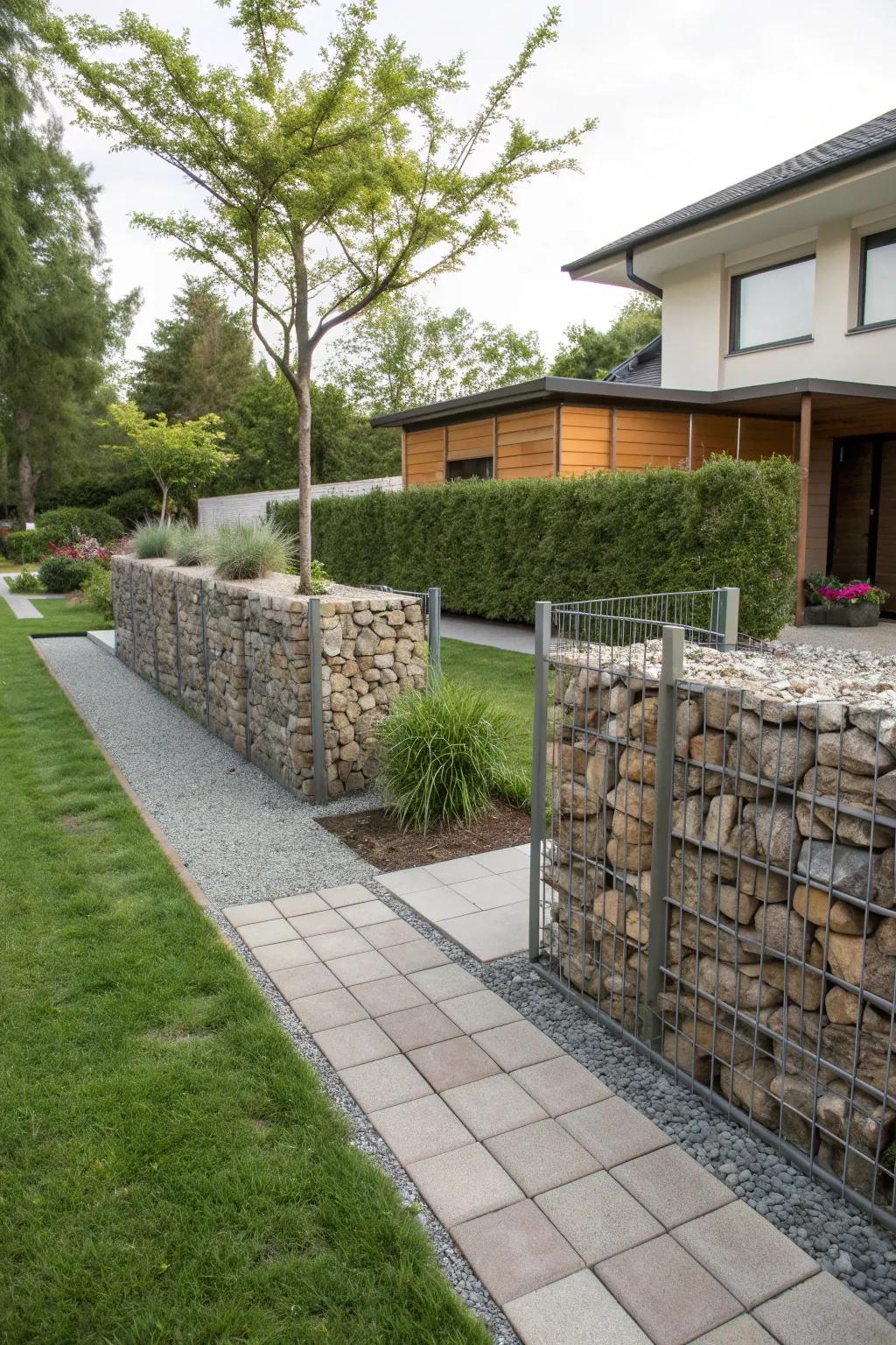 Gabion walls offer texture and definition in desert landscapes.