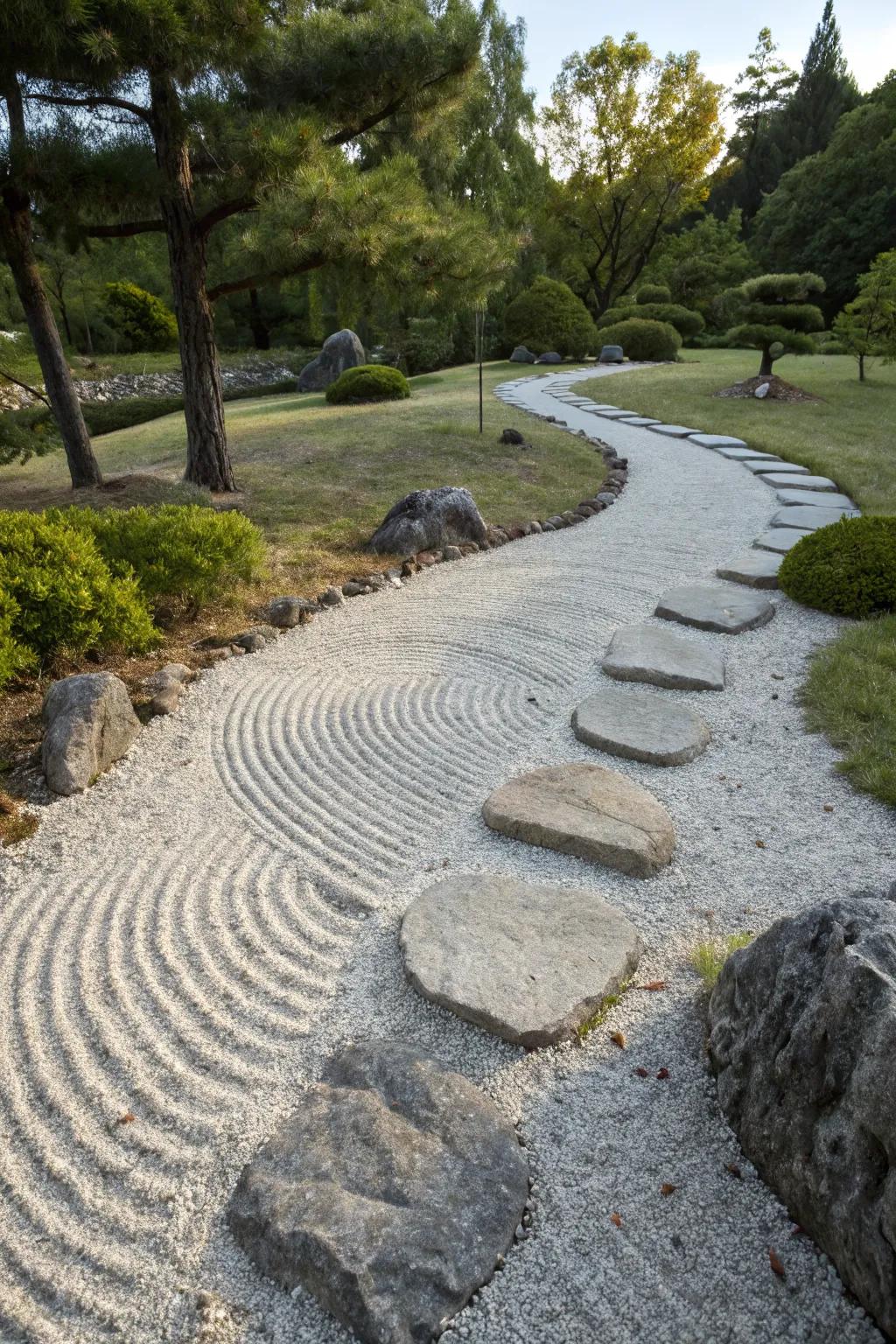 Zen garden paths exude tranquility.