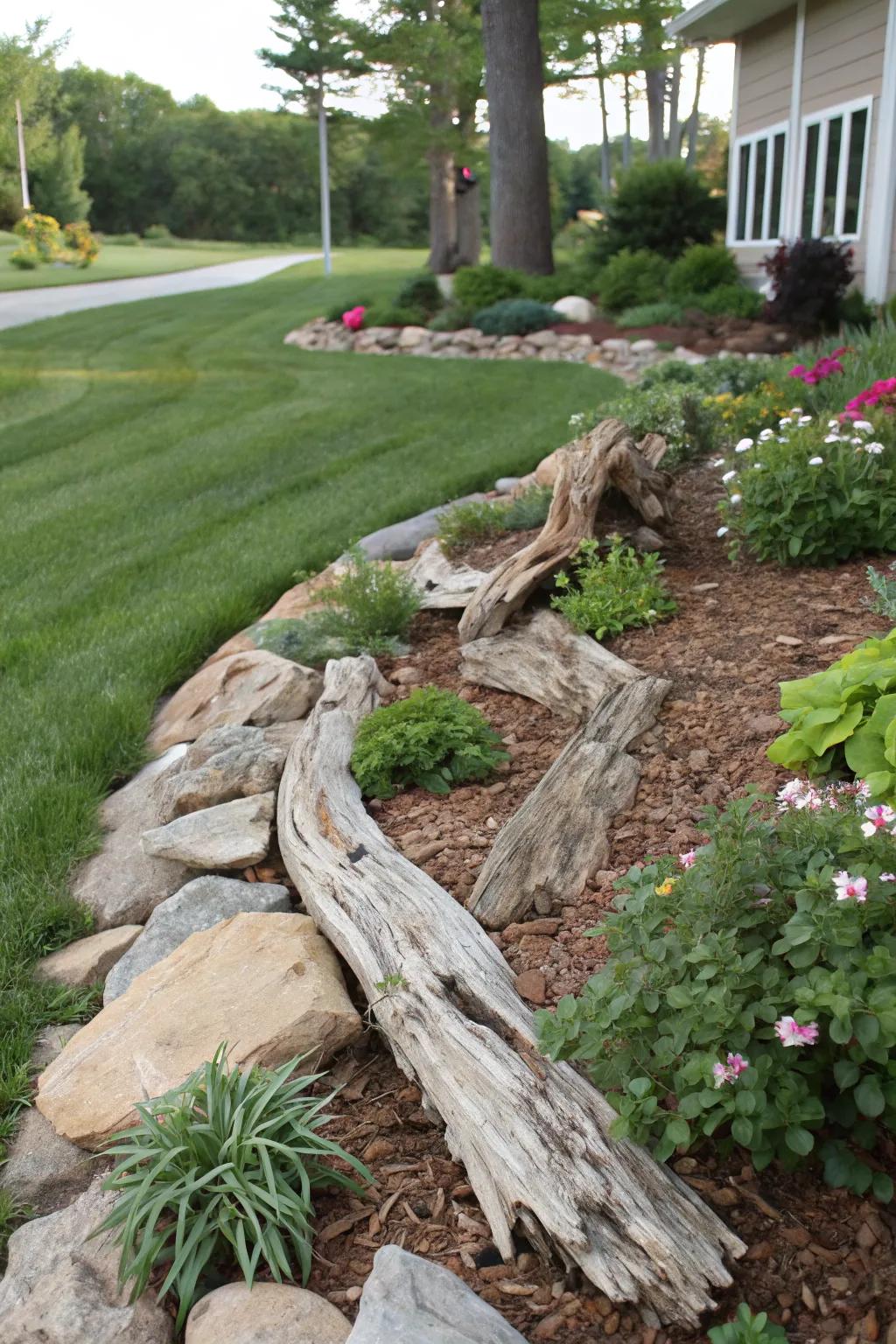 Driftwood adds a coastal touch to your berm.