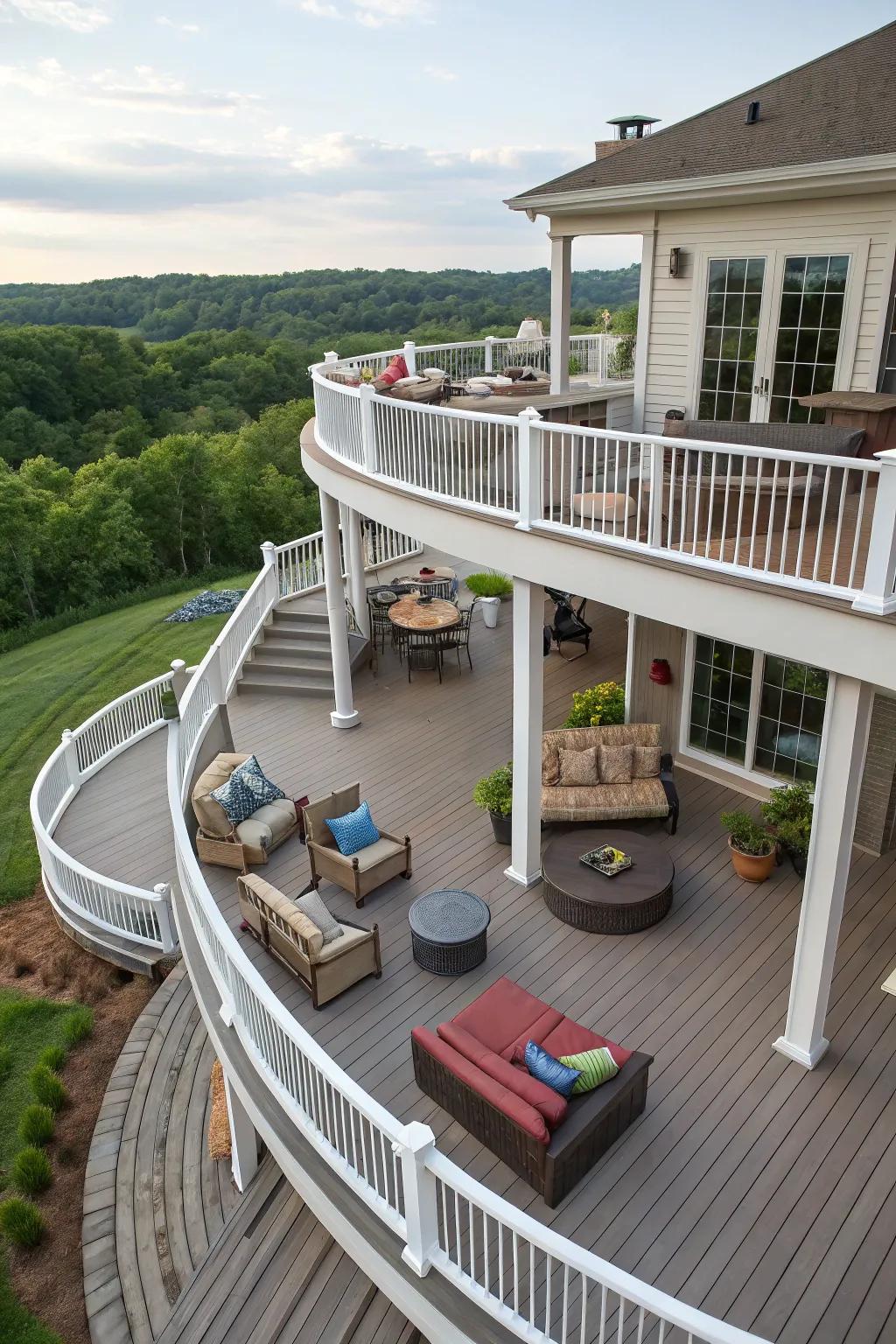 A dynamic deck design with multiple levels and distinct areas.