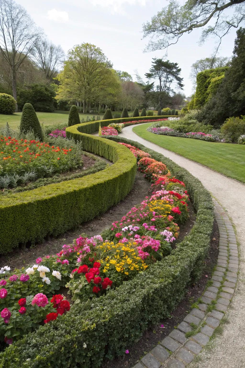 Hedges frame and highlight the beauty of curved beds.