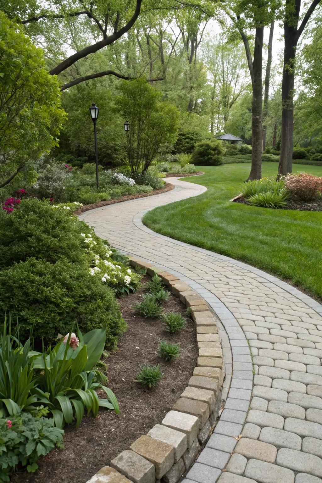 A curved walkway with neat stone edging in a beautifully landscaped yard.