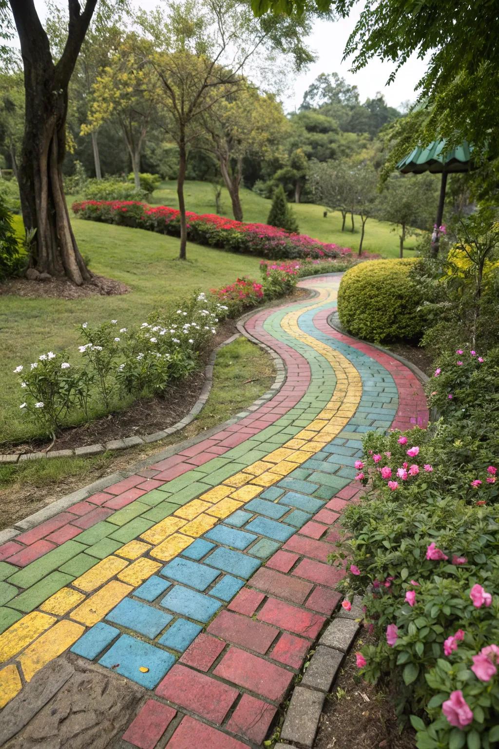 A colorful paver path adding vibrancy to the garden.