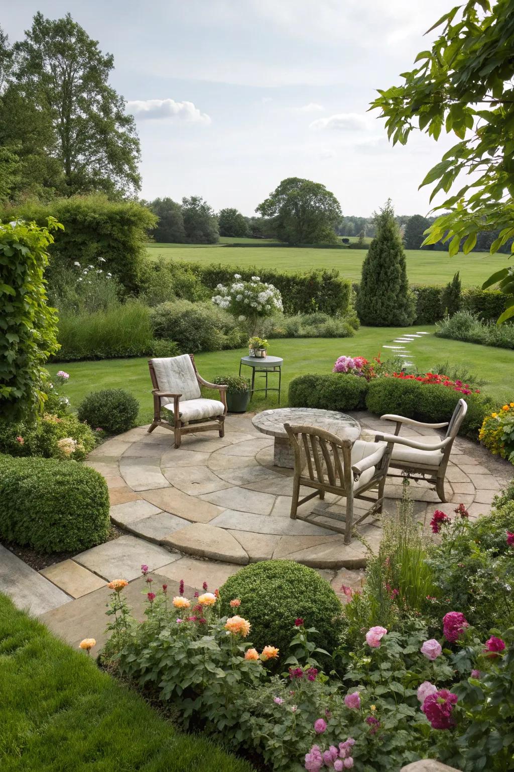A circular patio creates a welcoming space for social interactions.