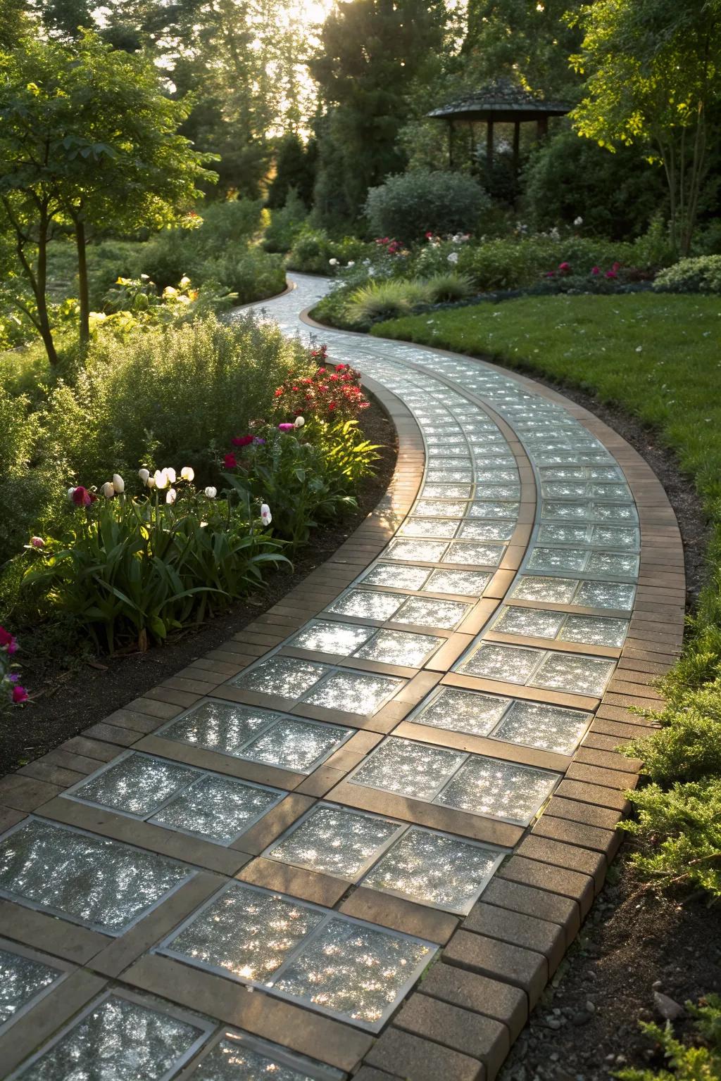 Glass pavers adding a magical shimmer to a garden walkway.