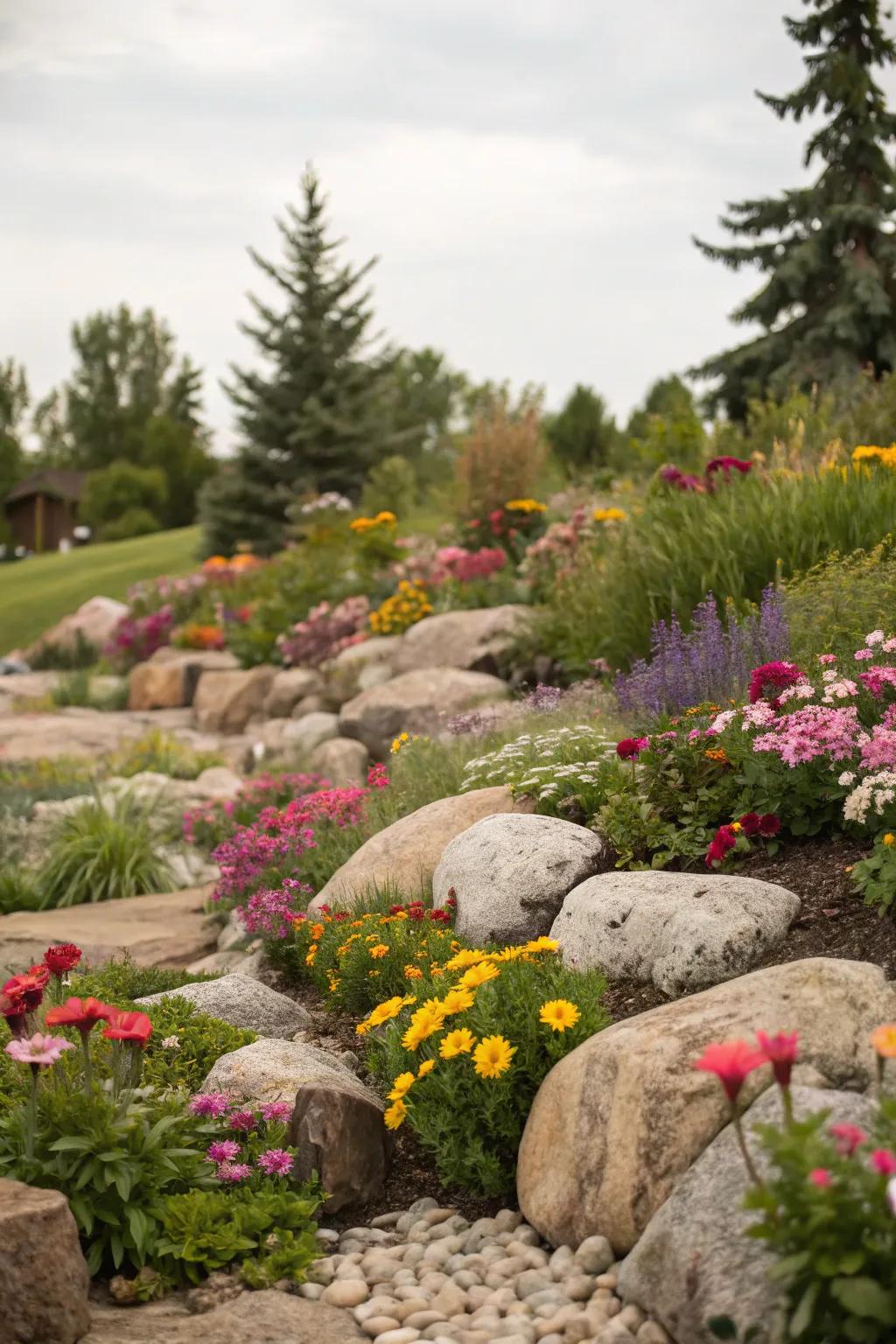 A rock garden that complements vibrant blooms.