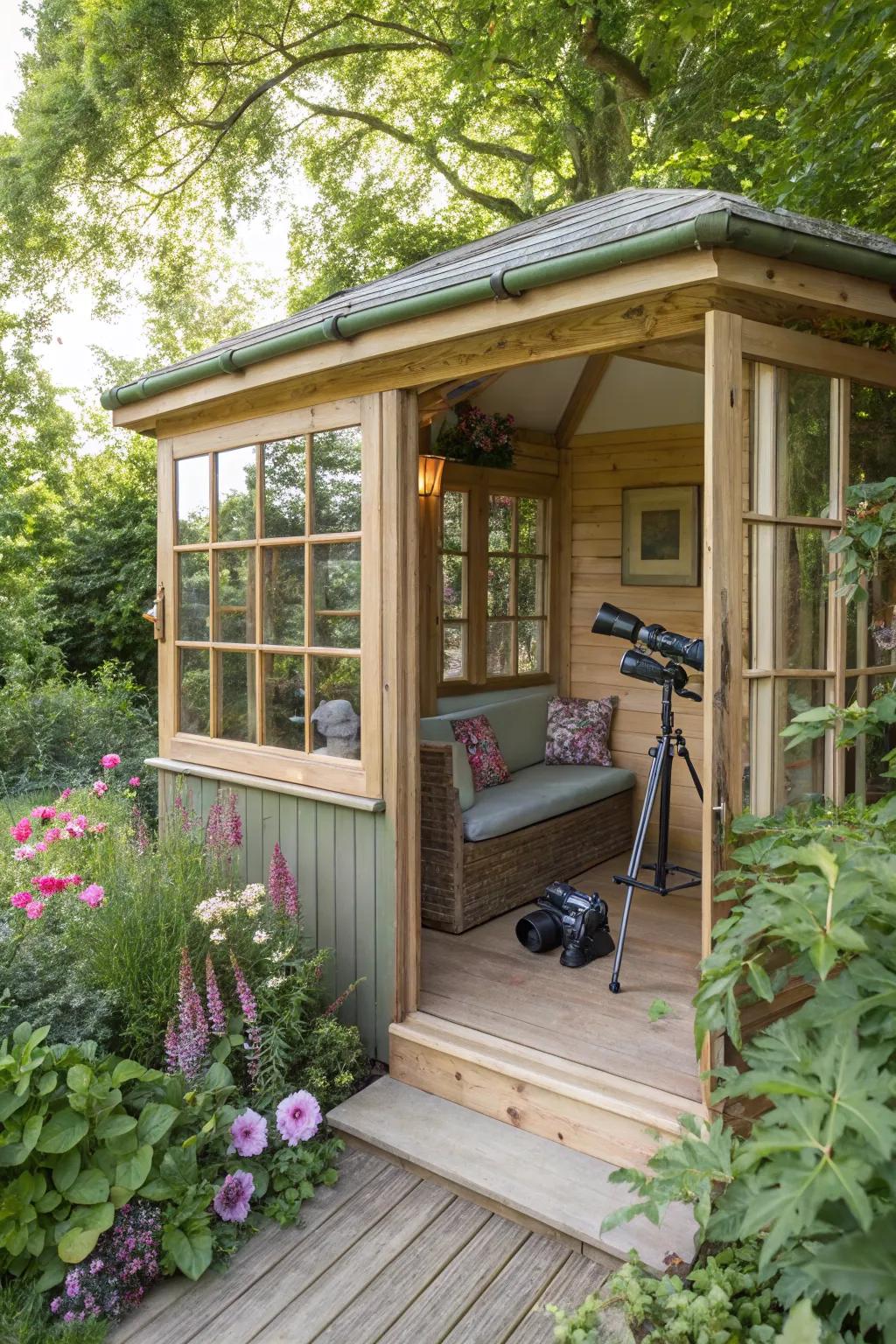 A nature observatory with large windows and comfy seating.
