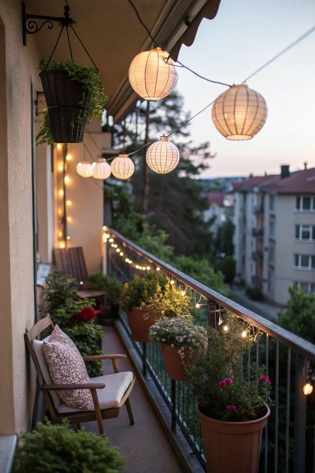 A small balcony illuminated by lanterns filled with fairy lights.