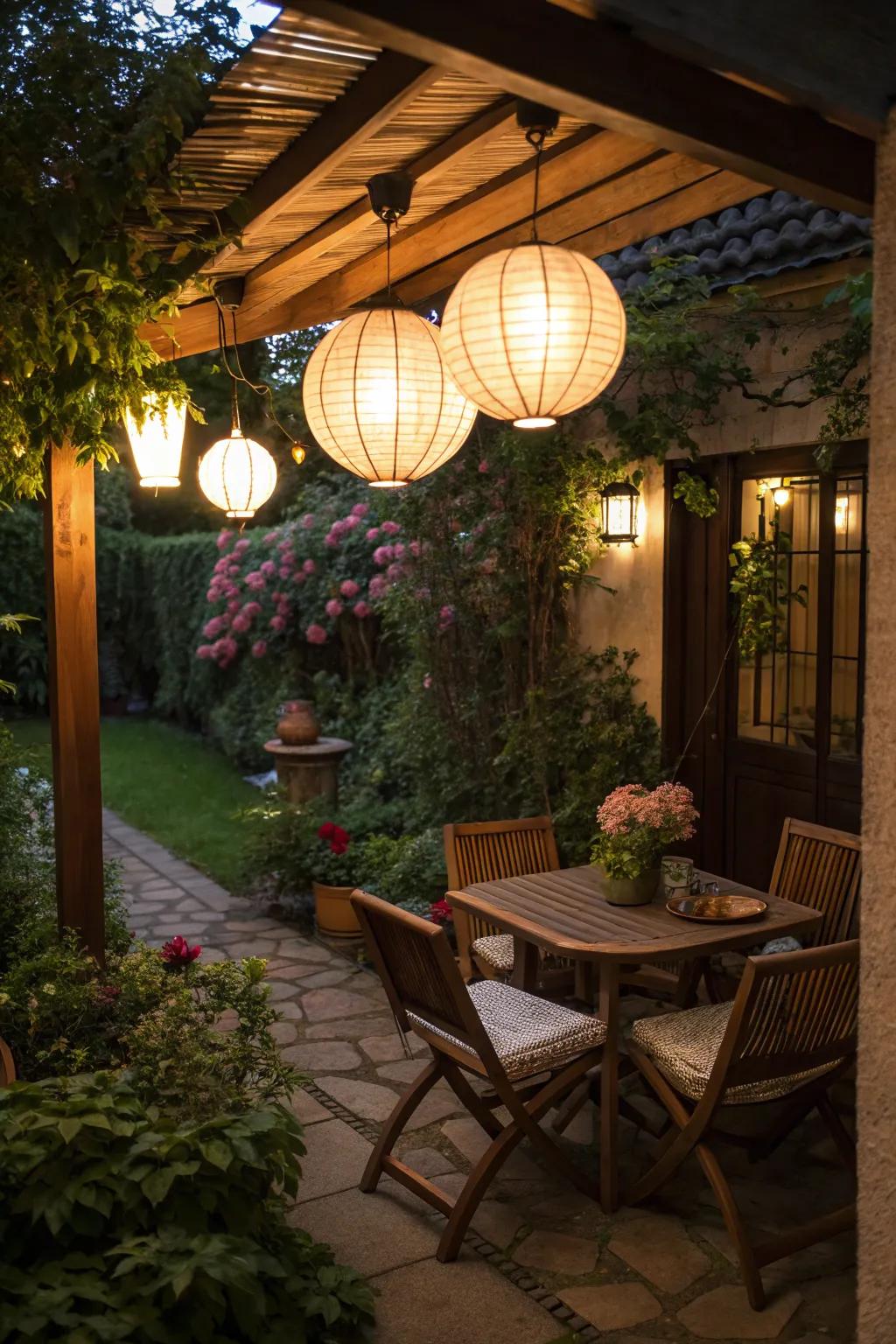 Lanterns cast a warm, inviting glow on a small patio