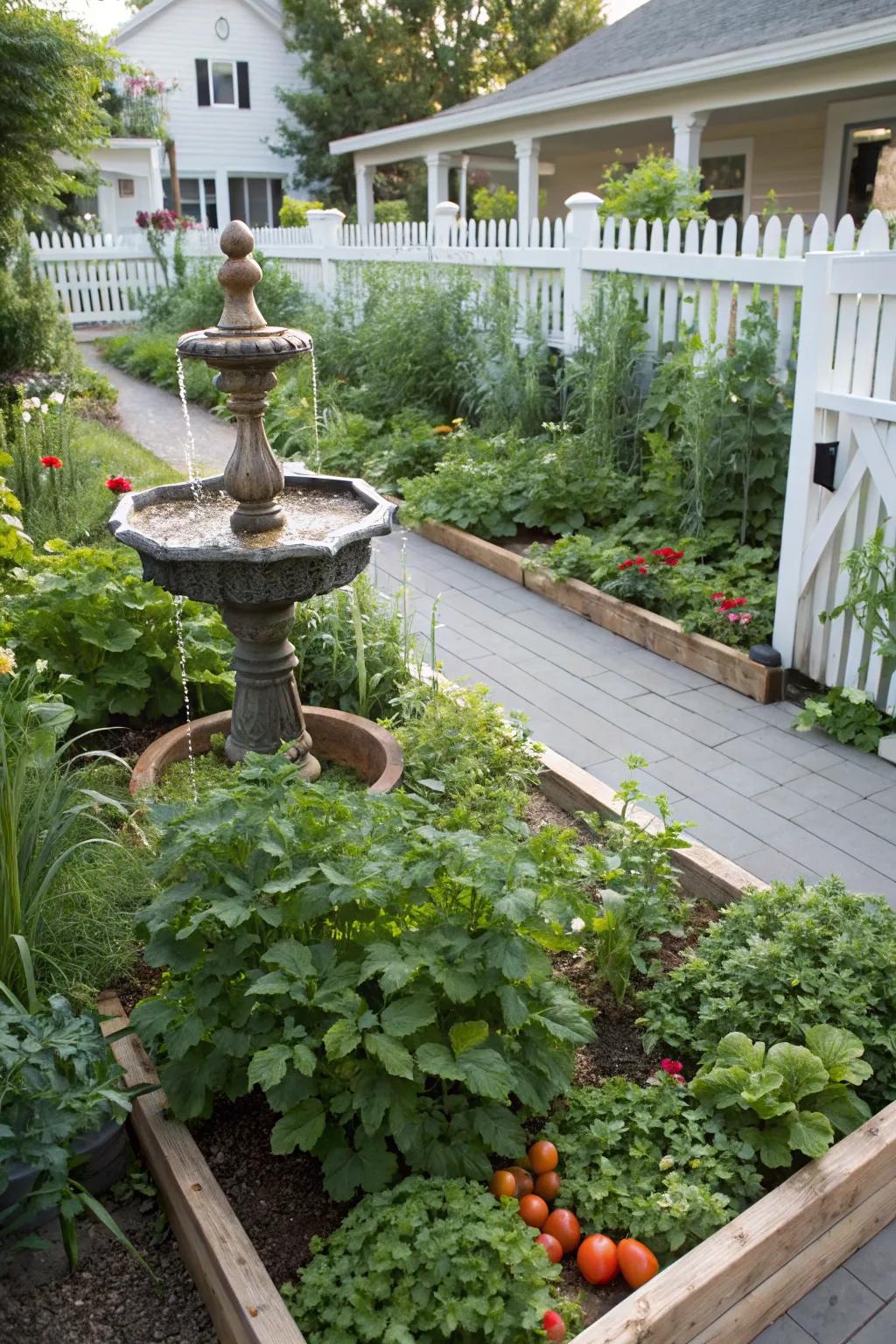 A water feature adds a peaceful element to the garden.