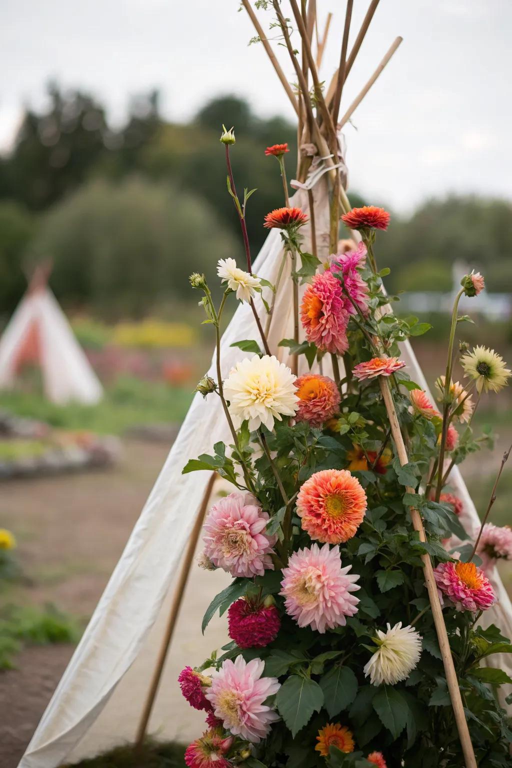 A creative dahlia teepee adding whimsy to the garden.