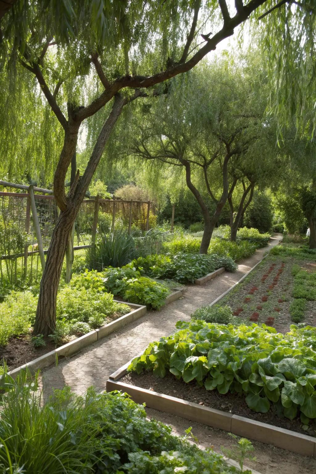 Dappled willows contribute charm and shade to an edible garden.