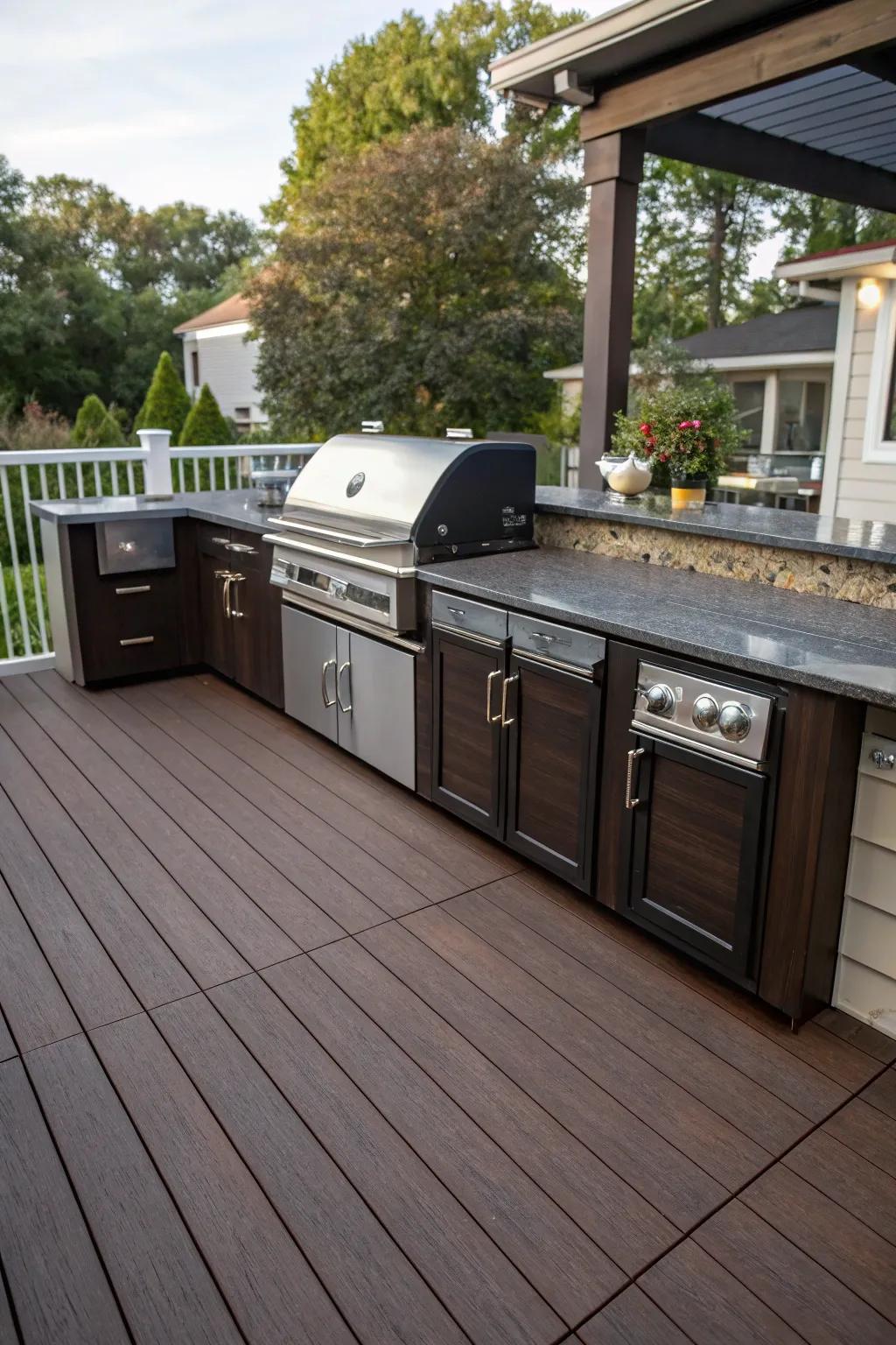 An outdoor kitchen transforms the deck into a cooking haven.