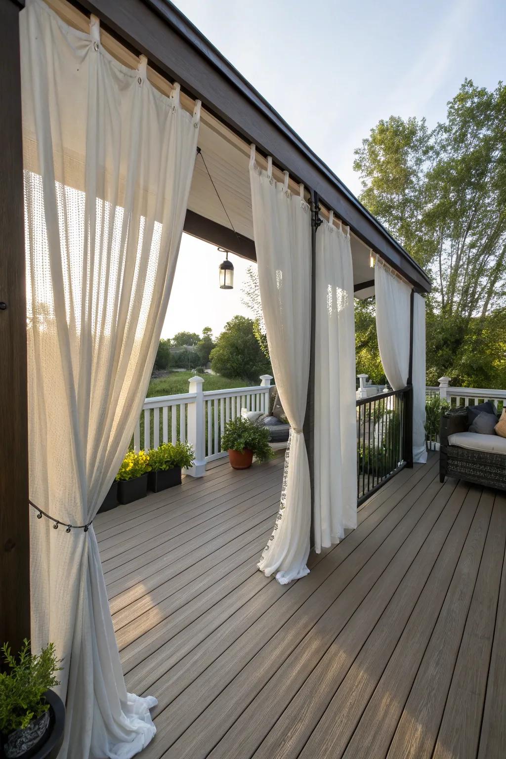 Elegant deck curtains provide both privacy and style.