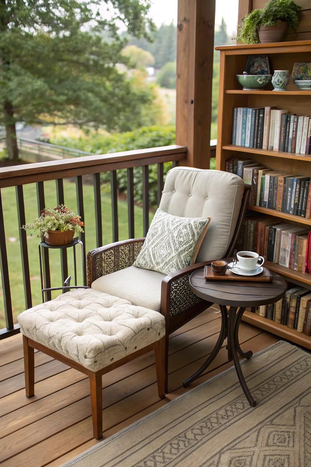 A reading nook on your deck offers a peaceful retreat.