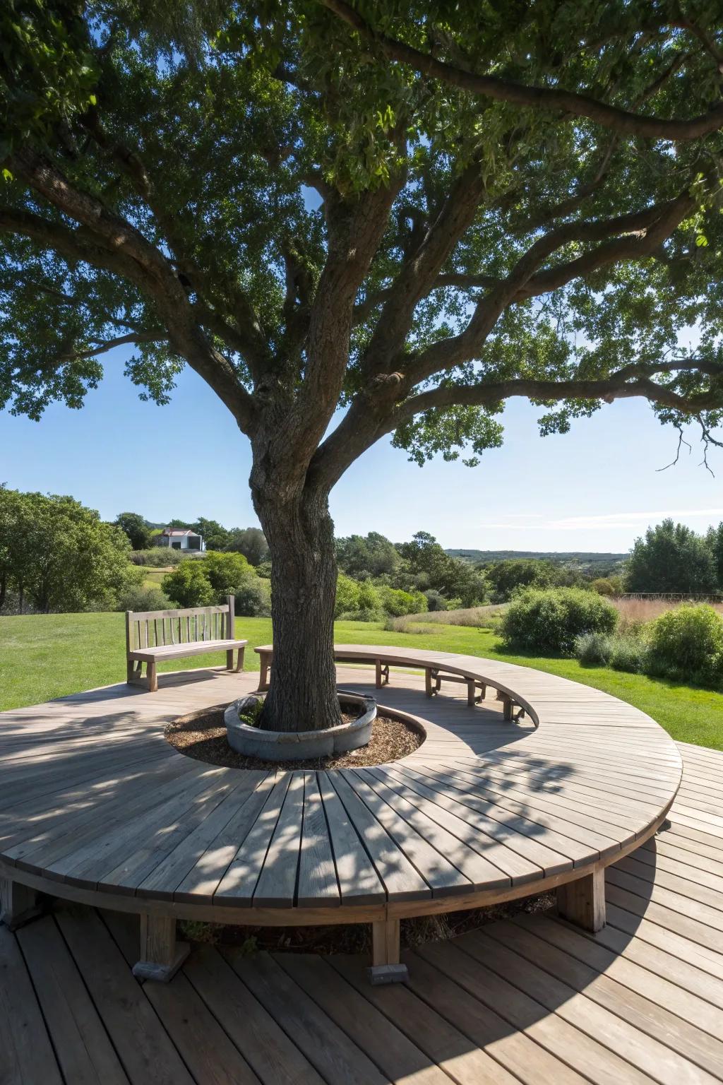 Benches surrounding a tree integrate nature into your deck.
