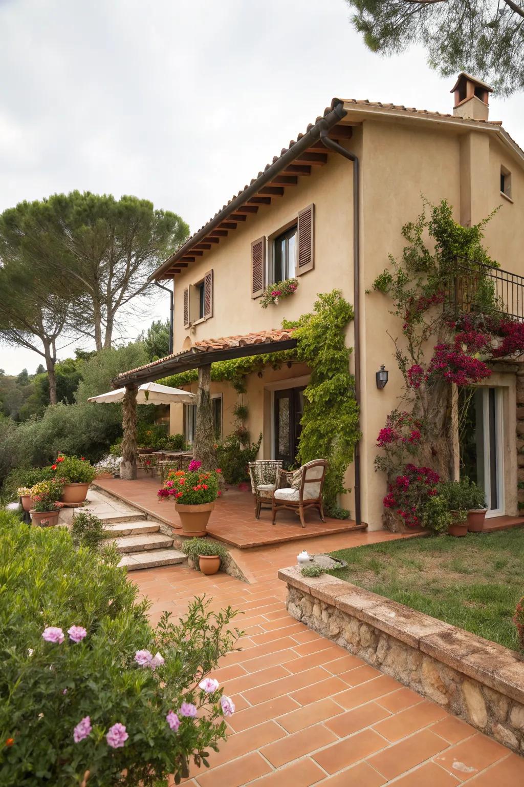 Terracotta decks bring Mediterranean warmth and coziness.
