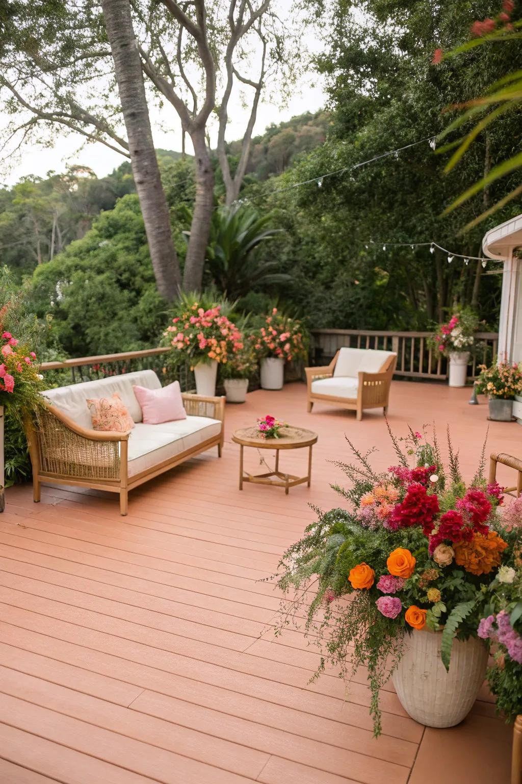 A peachy deck creating a whimsical and warm outdoor space.