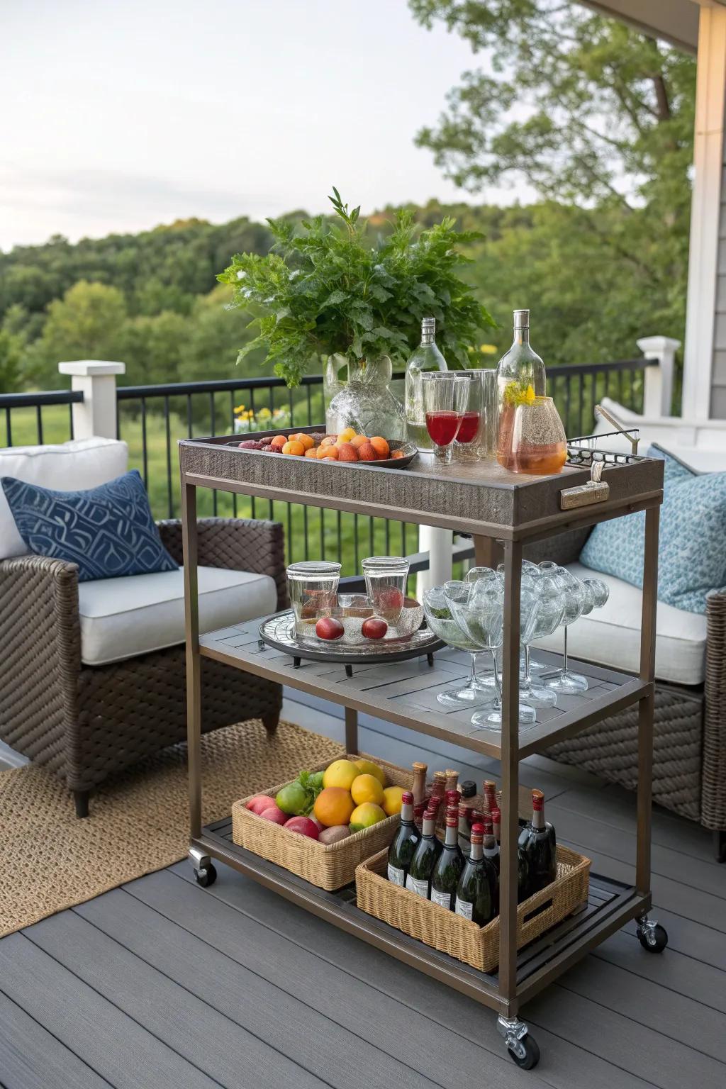 A bar cart adds a touch of sophistication and fun to any deck.