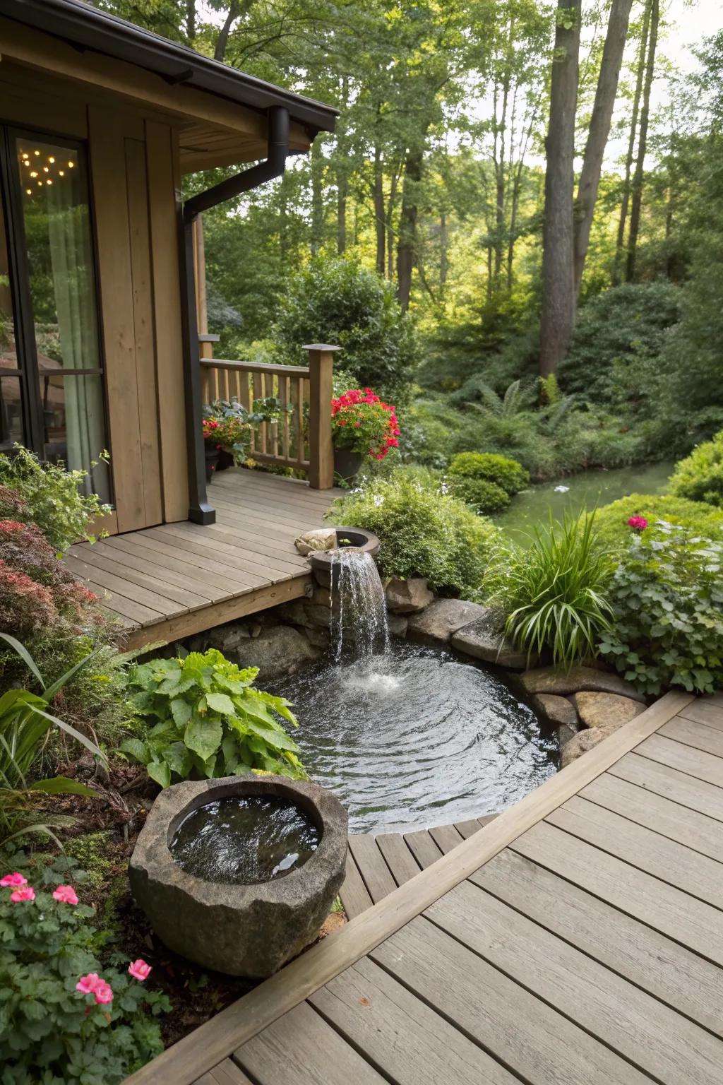 A water feature adds a peaceful touch to the deck.