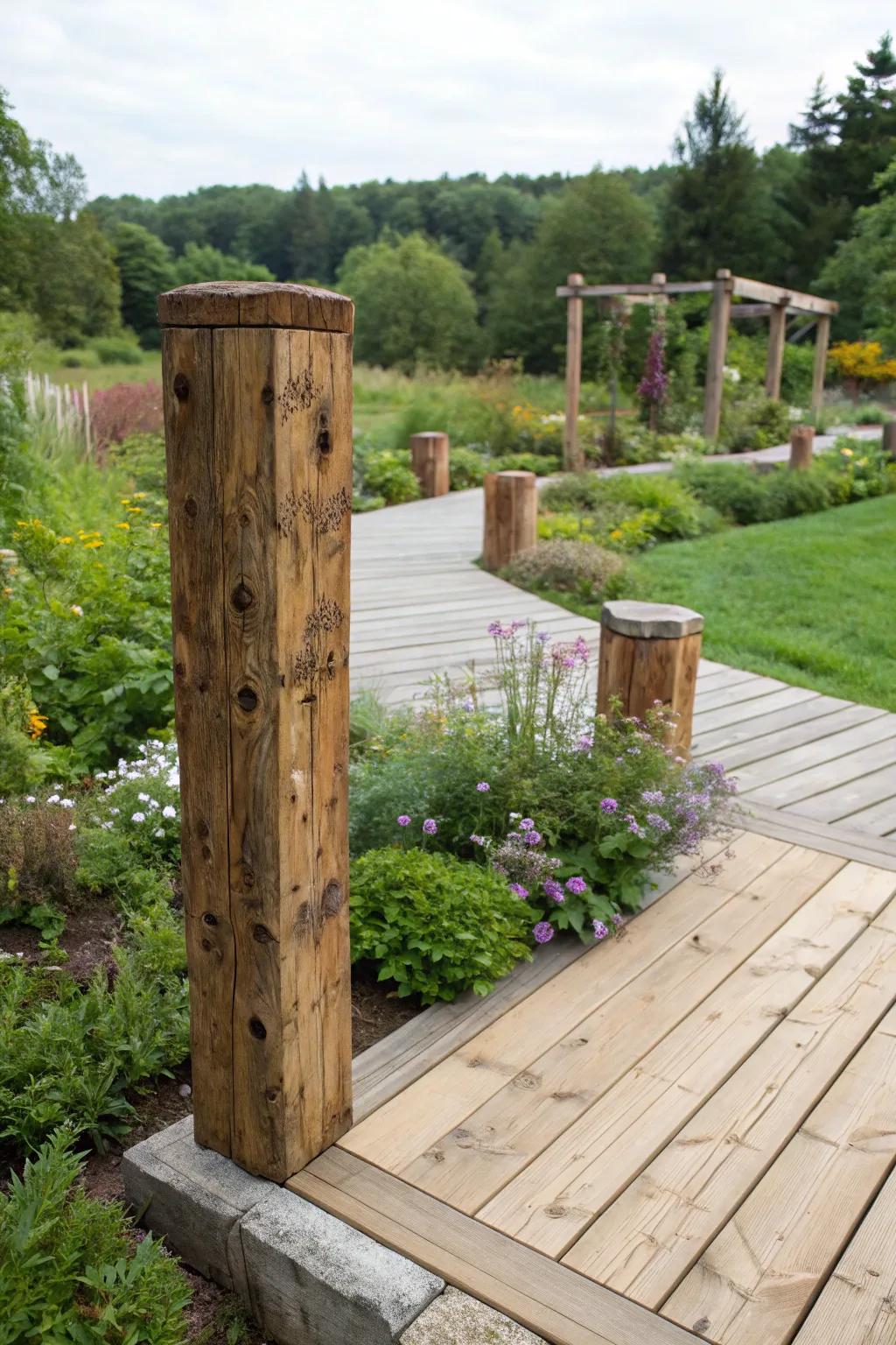 Eco-friendly reclaimed wood posts provide a rustic and sustainable option for decking.