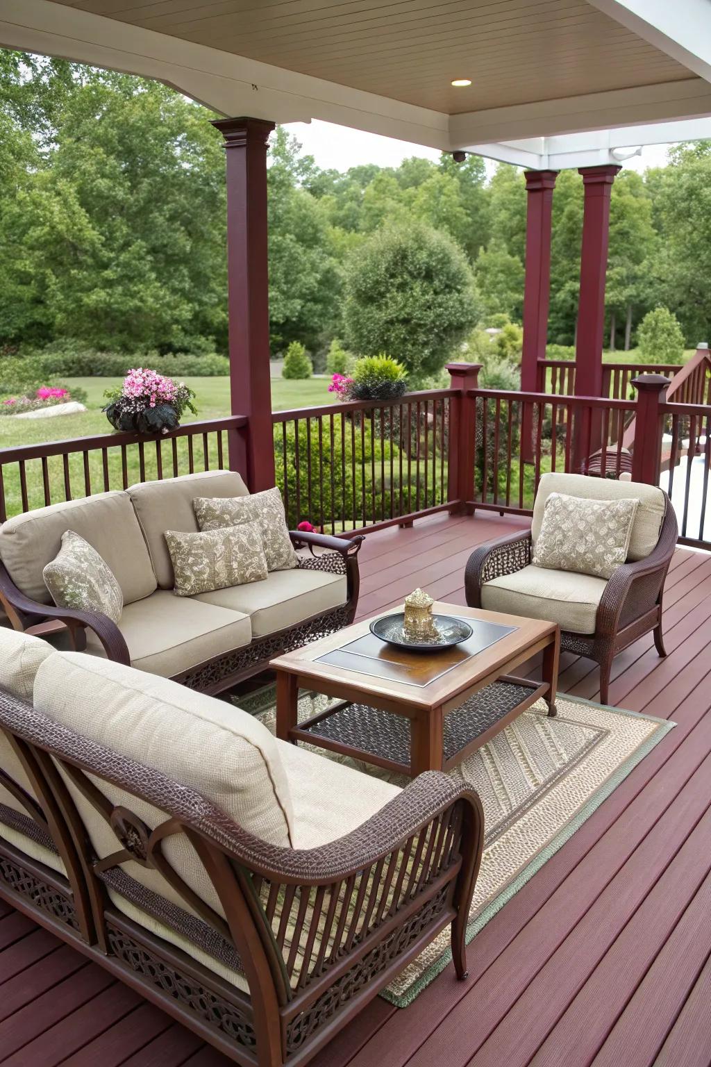 Burgundy railings add a luxurious touch to any deck setting.