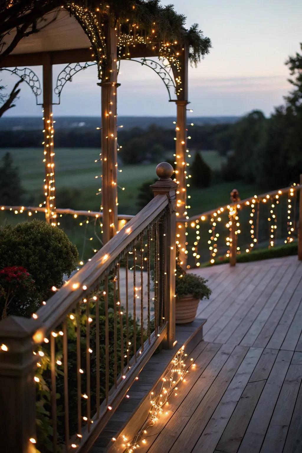Fairy lights offer an enchanting touch to the deck.