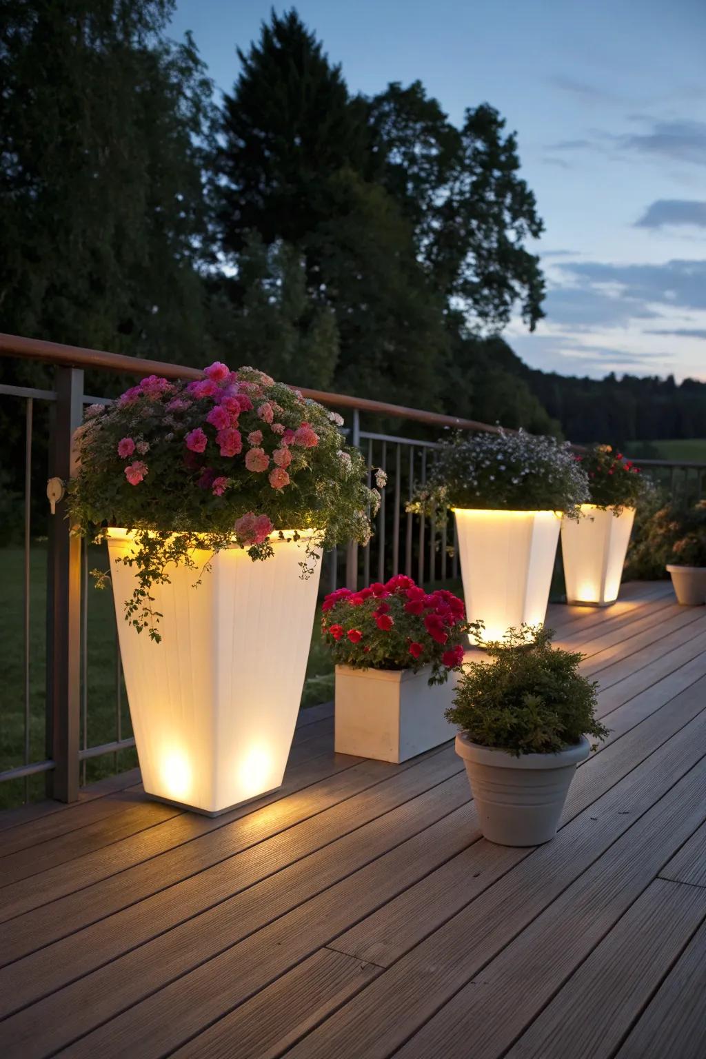LED planters provide a glowing ambiance for evening decks