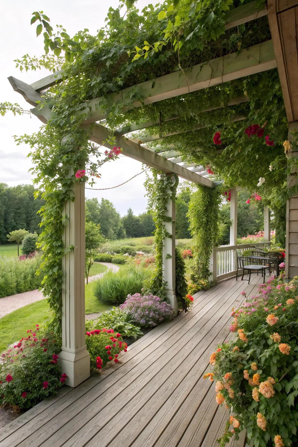 A garden-friendly deck roof with climbing plants enhances natural beauty.