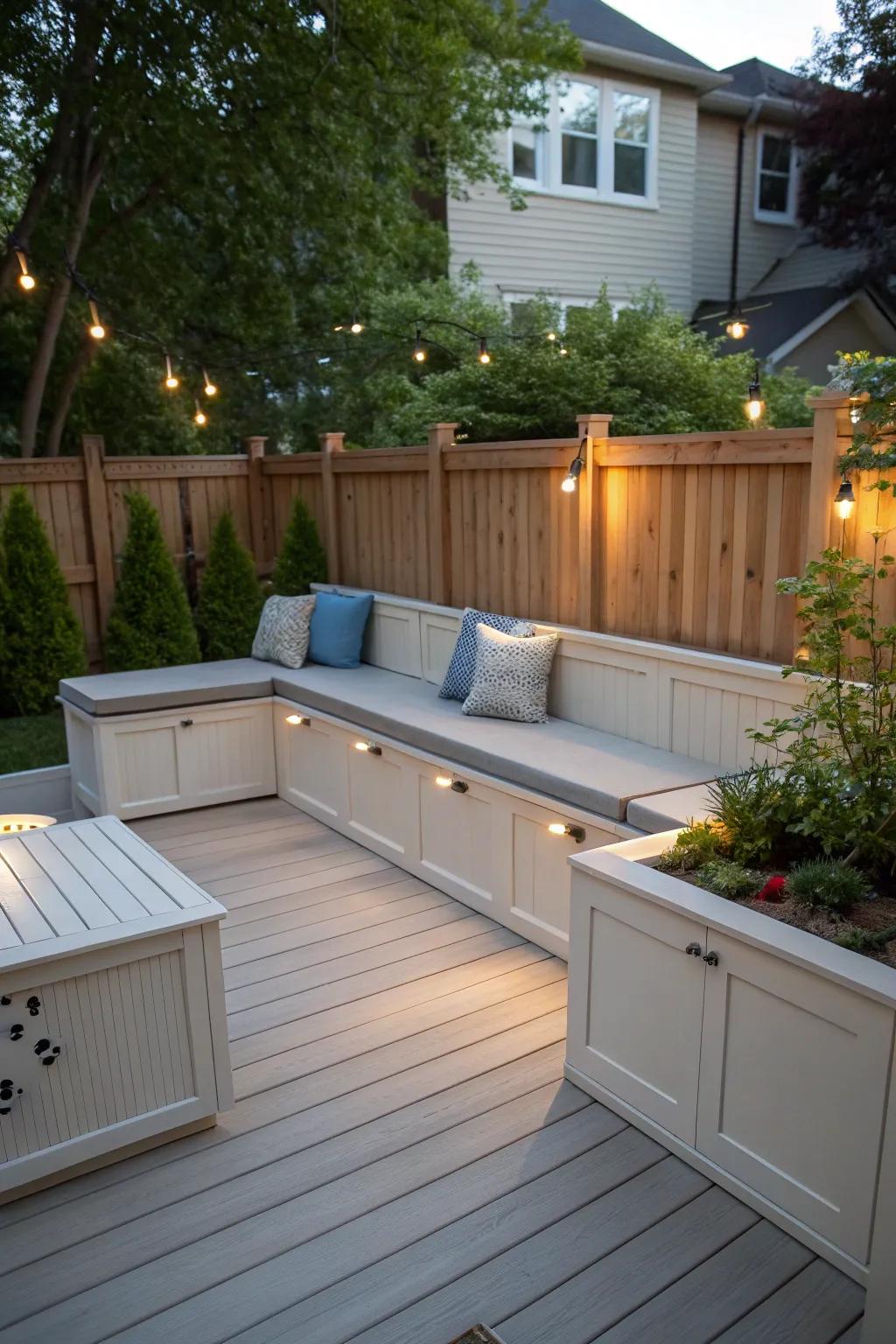 A deck with practical built-in benches, providing ample seating and storage.