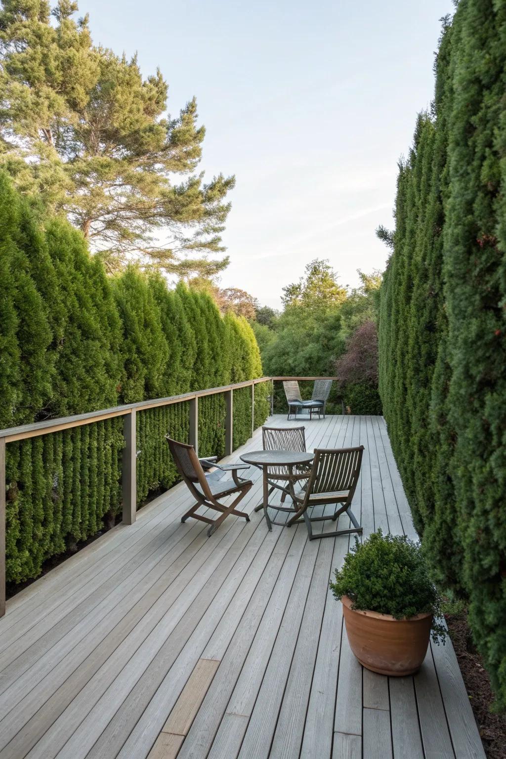 Evergreen hedges offer classic, low-maintenance privacy.