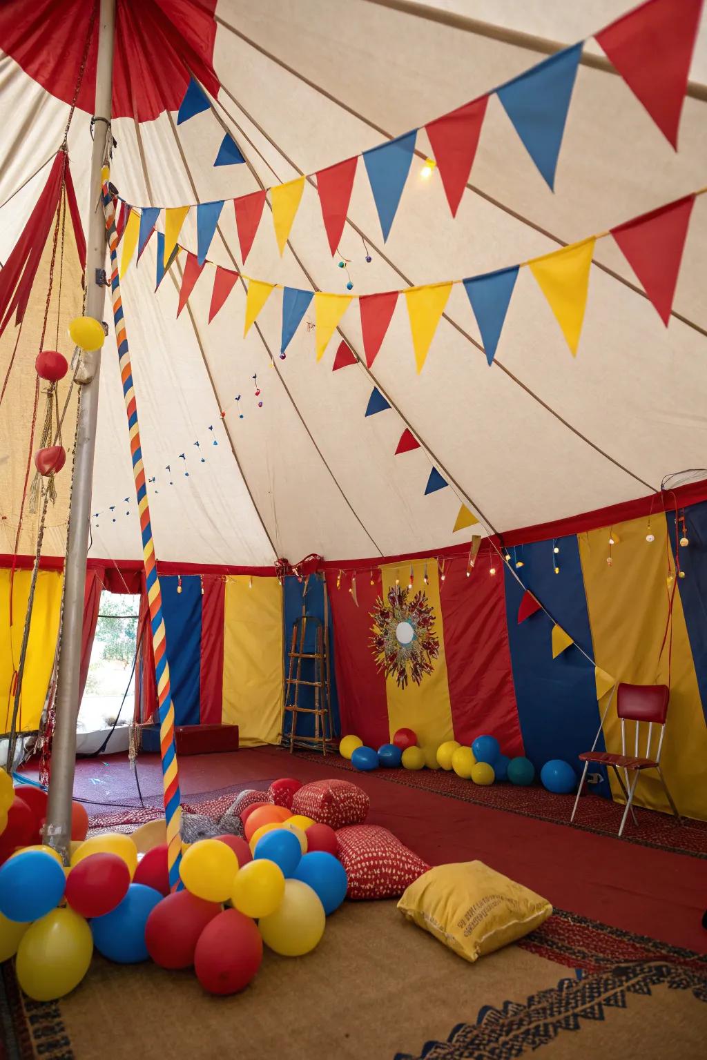 A bold color palette creates an energetic atmosphere inside this tent.
