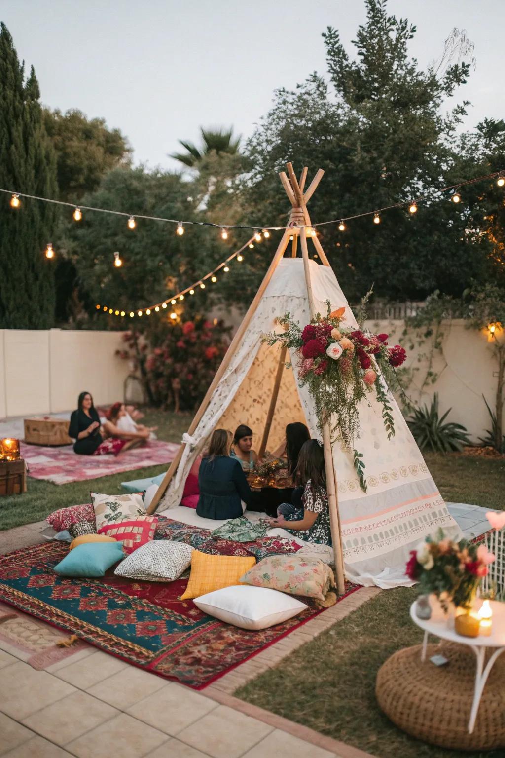 A boho teepee lounge creates a cozy and relaxed atmosphere.
