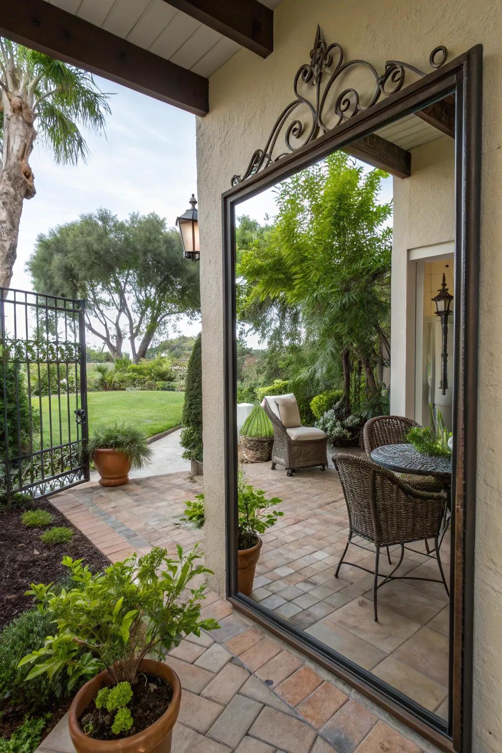 A mirror strategically placed to enhance space and light on the patio.