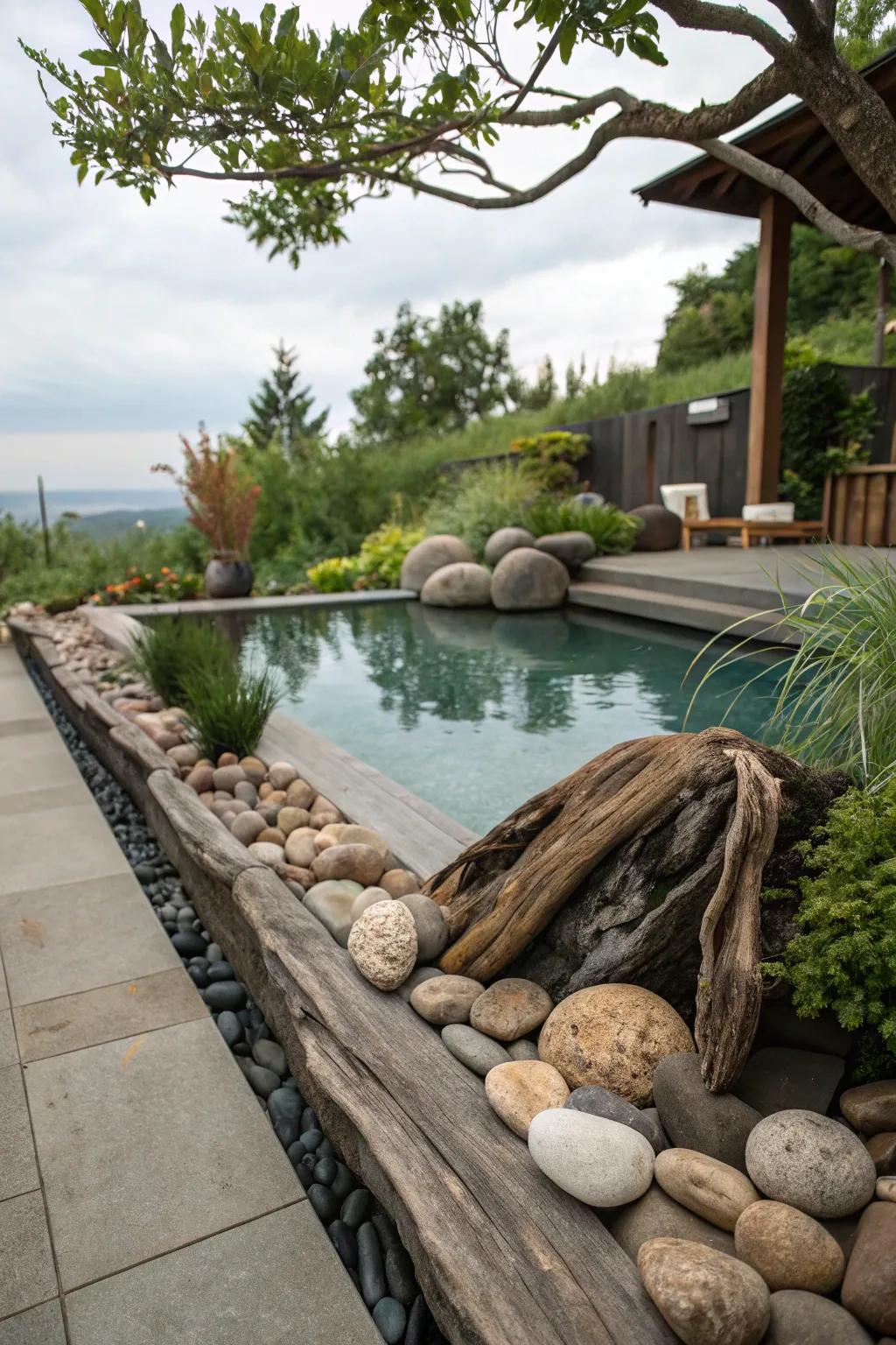Natural decor elements blend seamlessly with the pool setting.