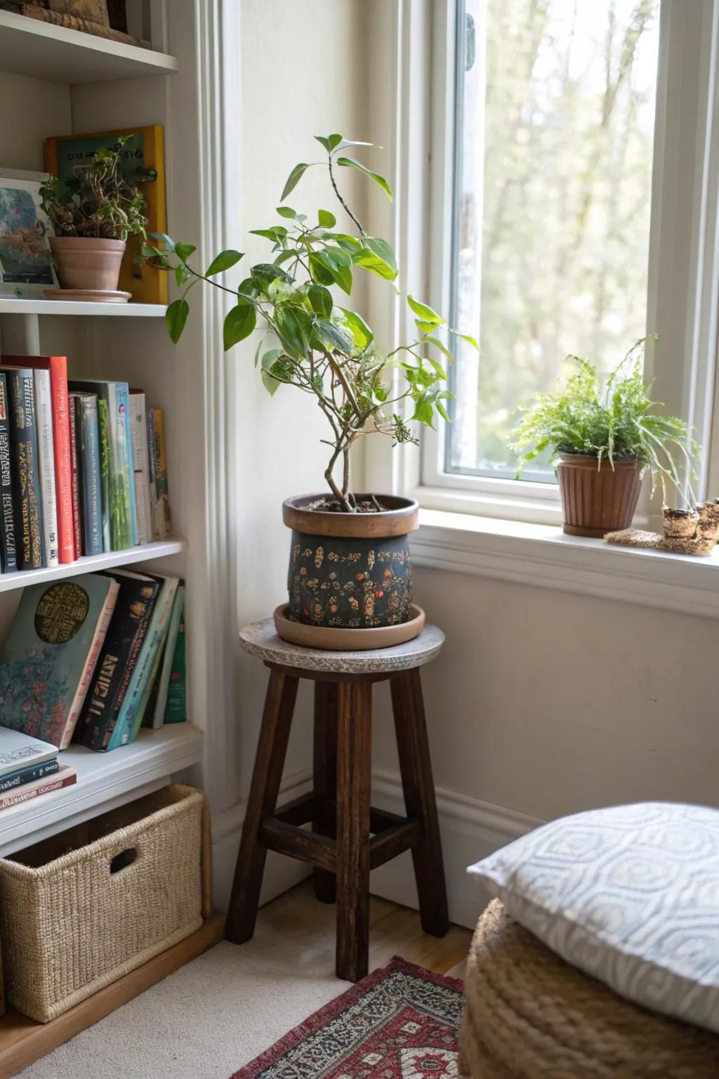 A room corner where a garden stool brings balance and decor to an awkward spot.