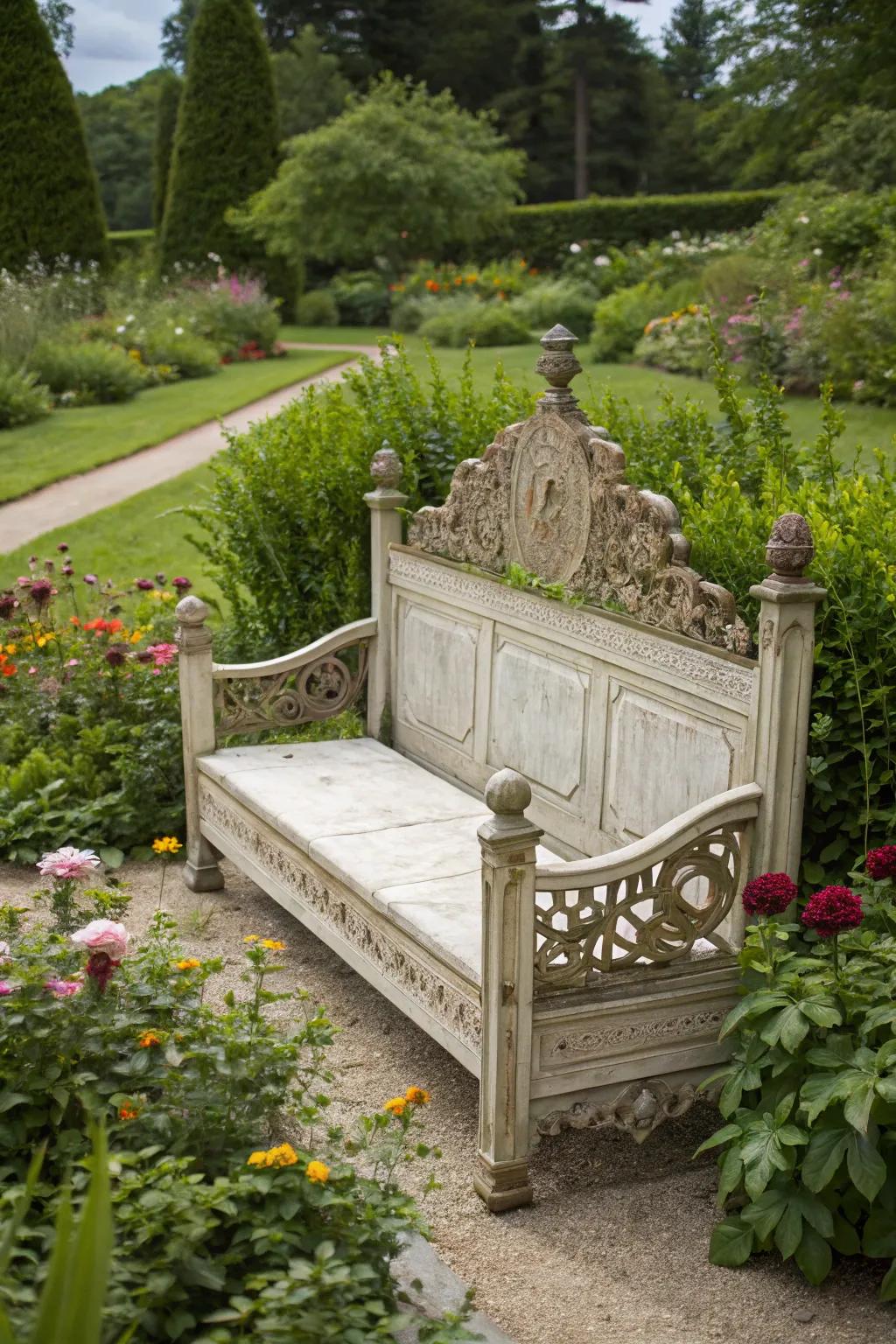 A repurposed vintage bed frame adds charm to the garden.