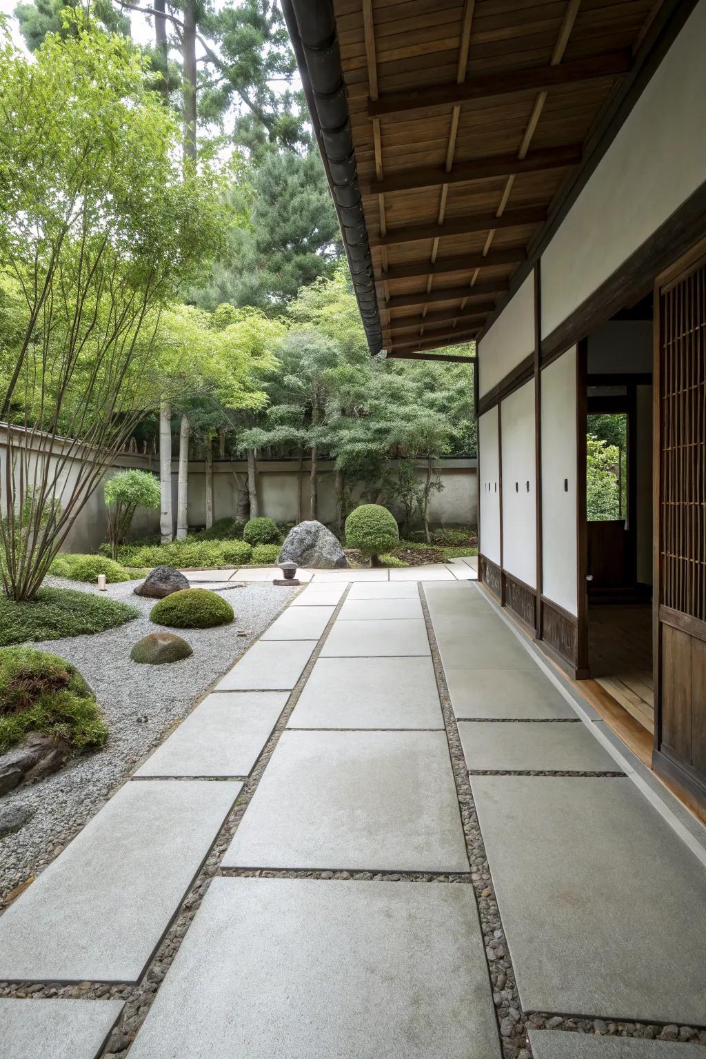 A Zen style driveway offers a calming entrance.