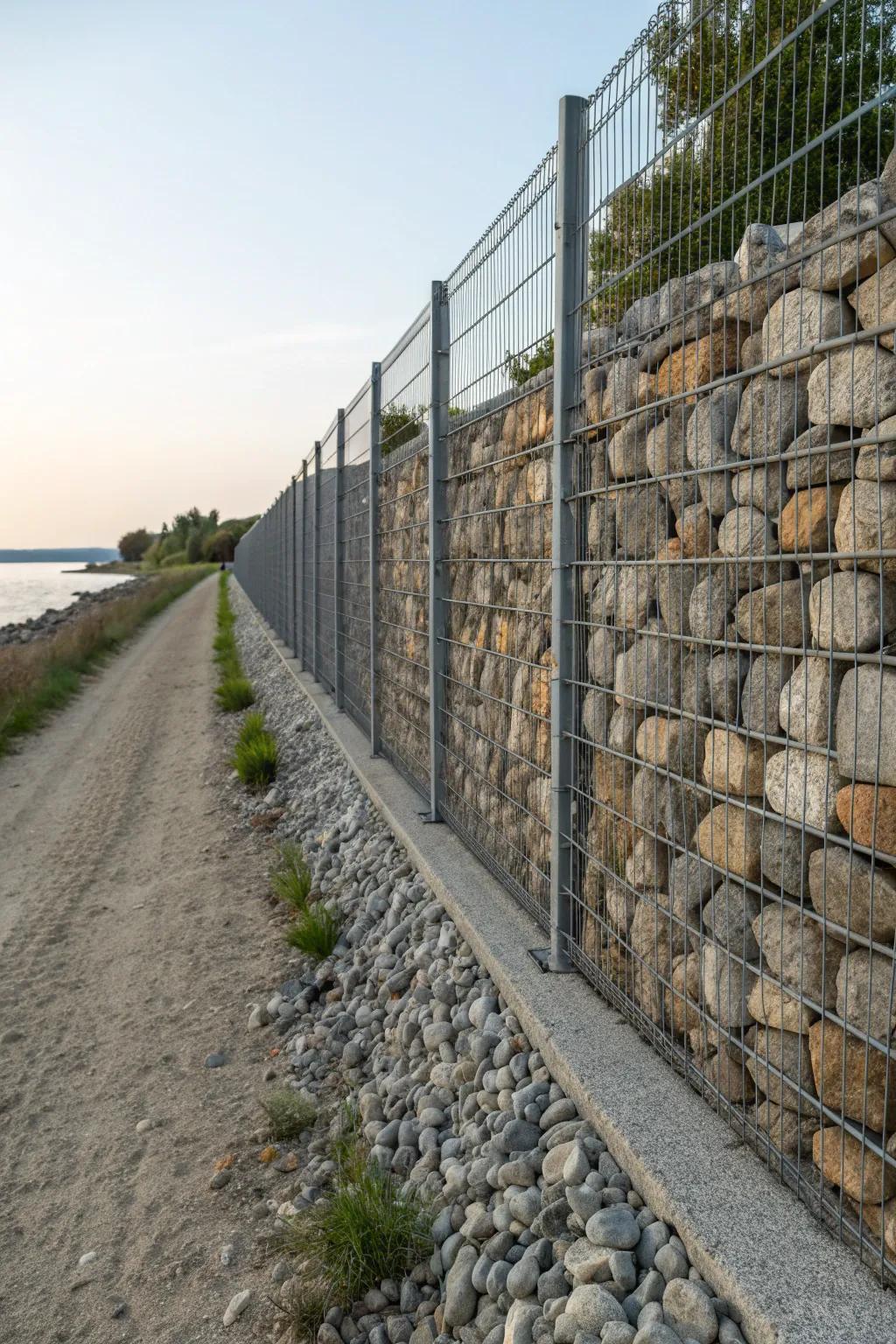 Mixed textures of smooth stones and rough gravel create a dynamic look for this gabion fence.