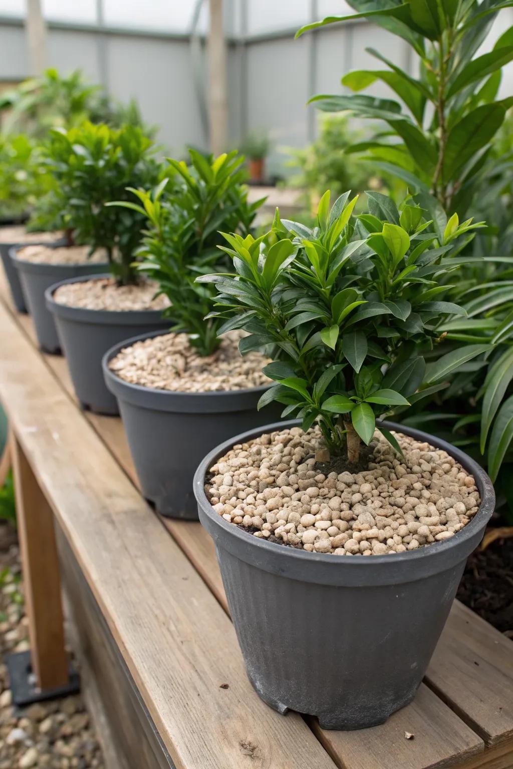 Potted plants with a decorative gravel top layer.