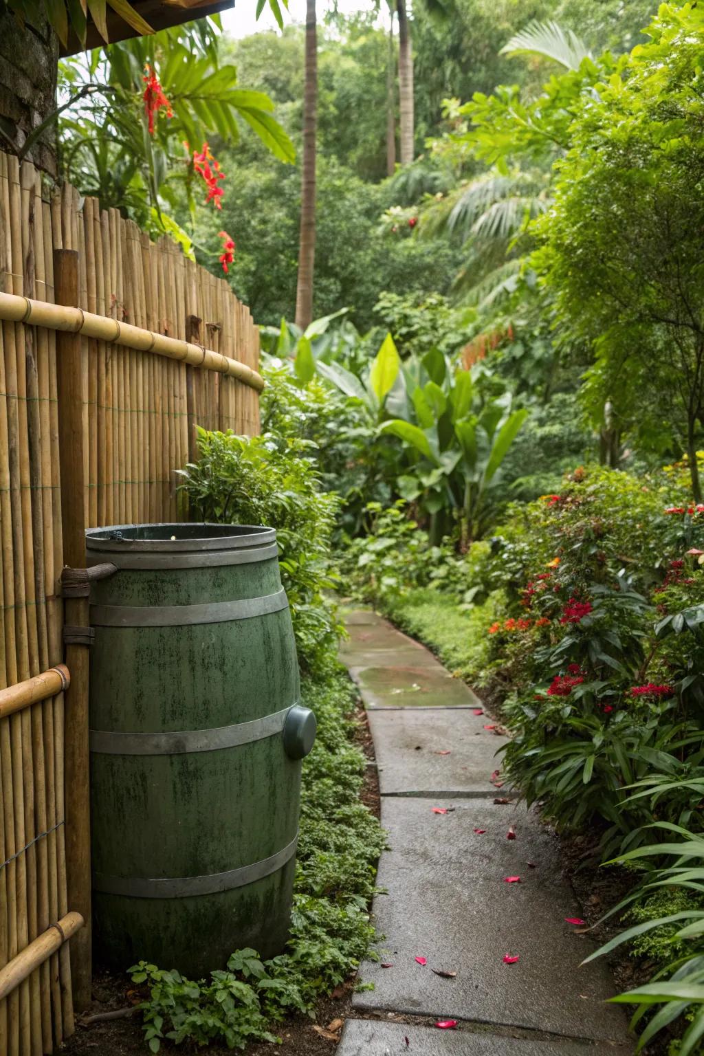 Tropical escape with a bamboo-screened rain barrel.