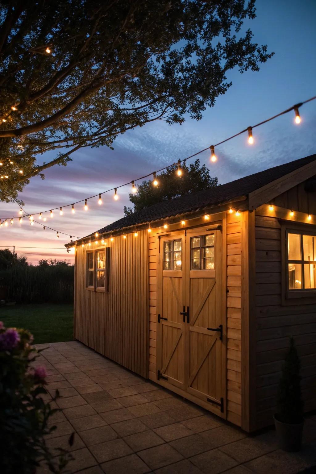 A shed illuminated with magical lighting for evening charm.