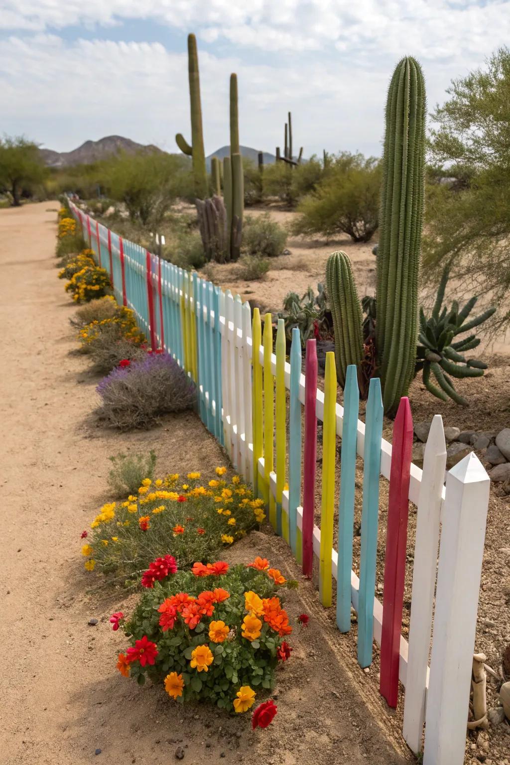 A picket fence with a twist adds whimsy to the garden.