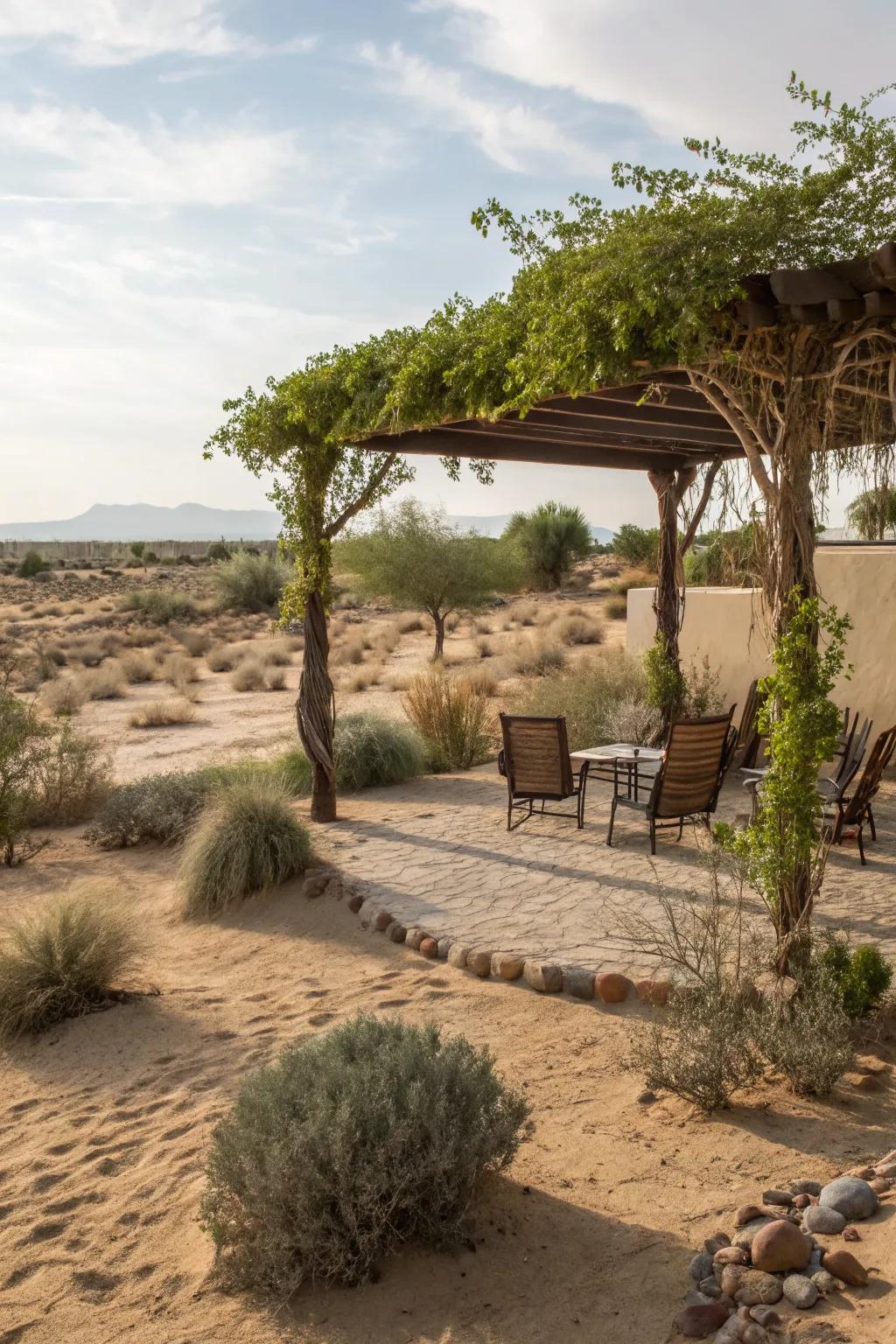 A pergola creates a cozy, shaded seating area in this desert front yard.