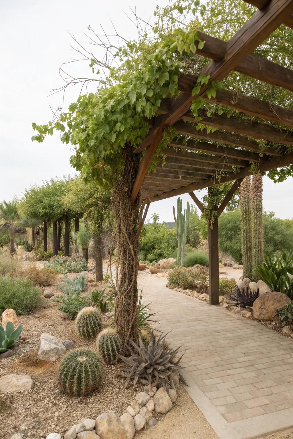 Shade structures create inviting spaces in the desert garden.
