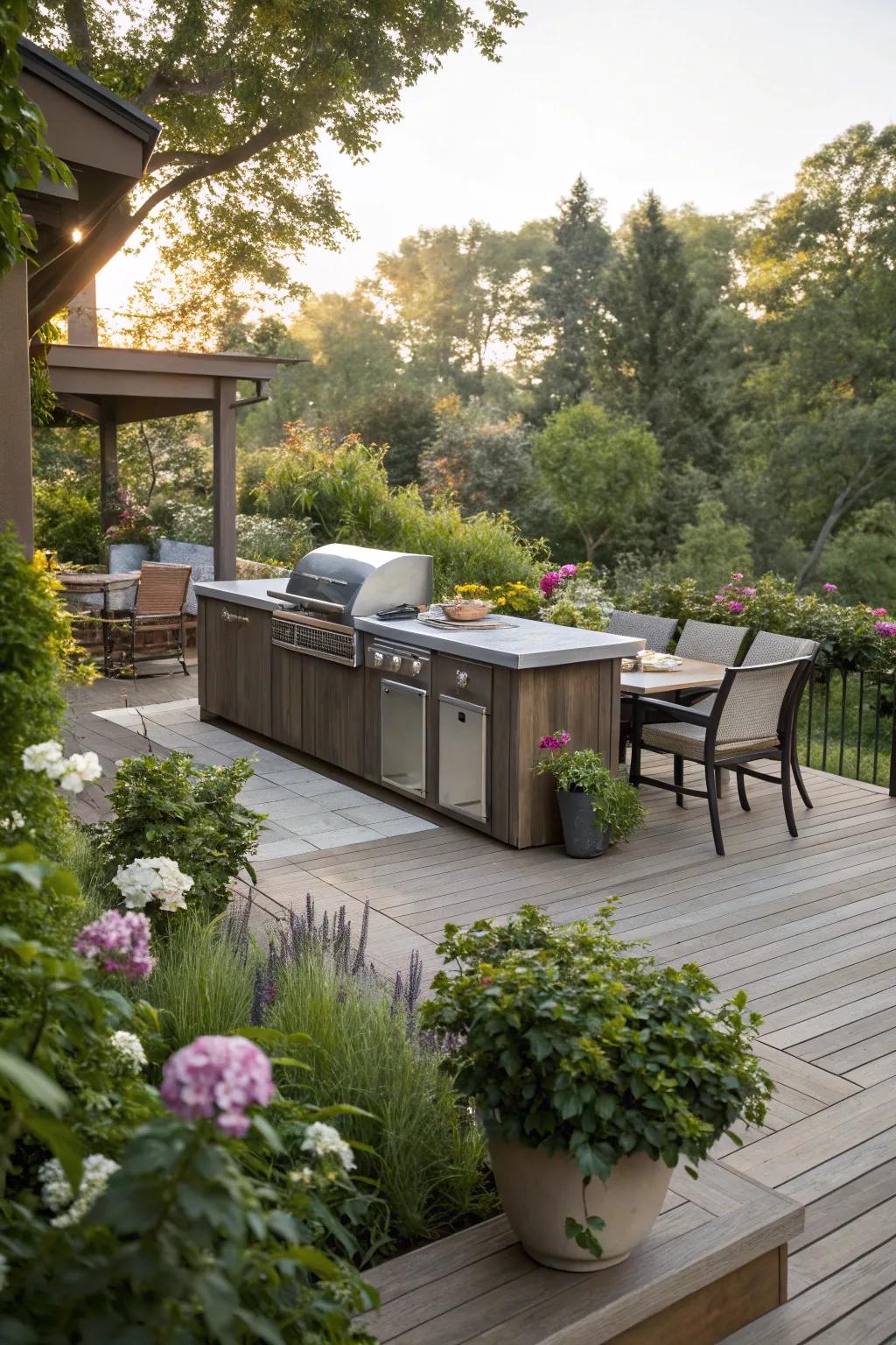 An outdoor cooking space enhances the functionality of garden decks.