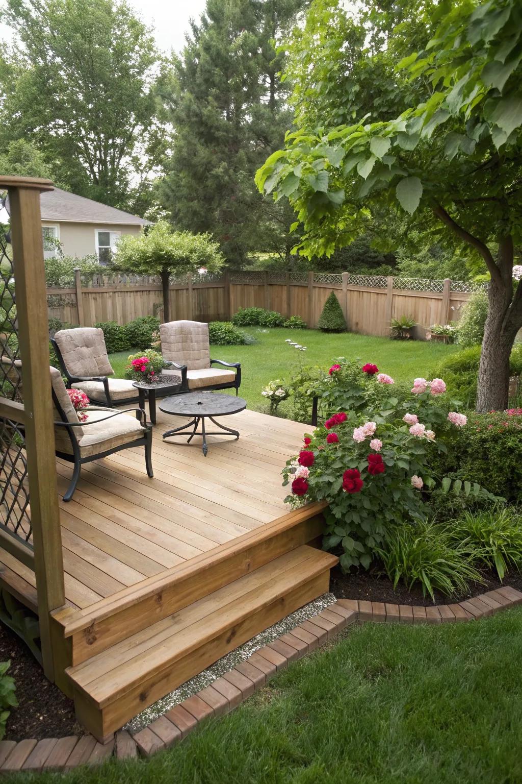 A raised deck transforms dirt areas into functional outdoor living spaces.