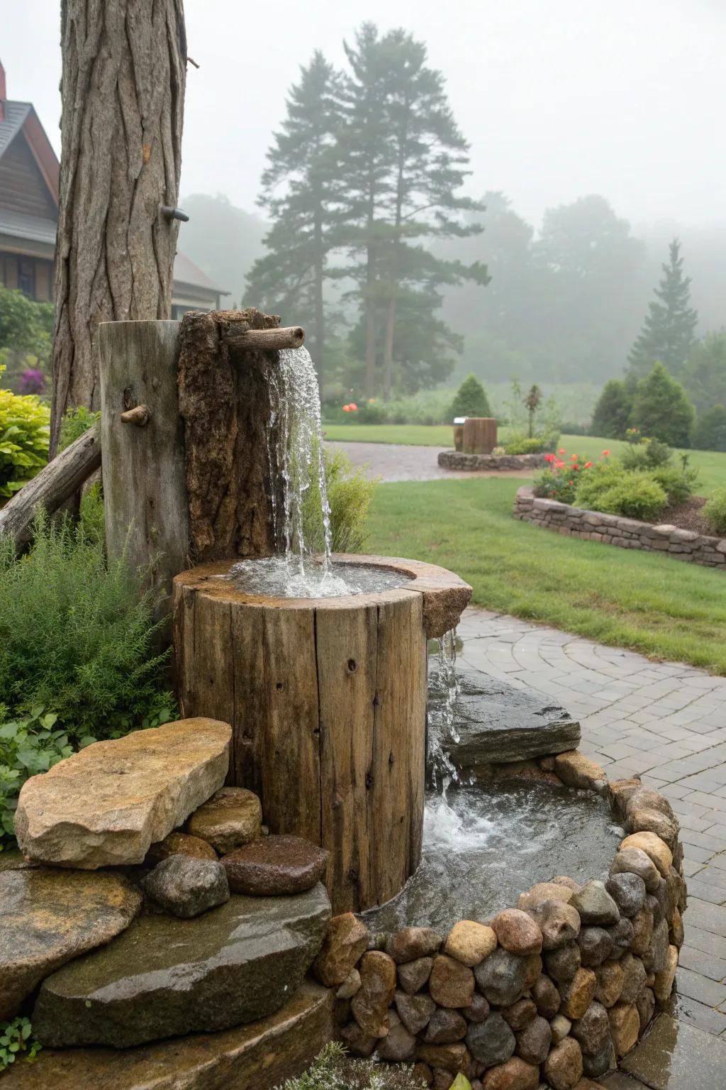 A disappearing fountain crafted from natural wood and stone materials.