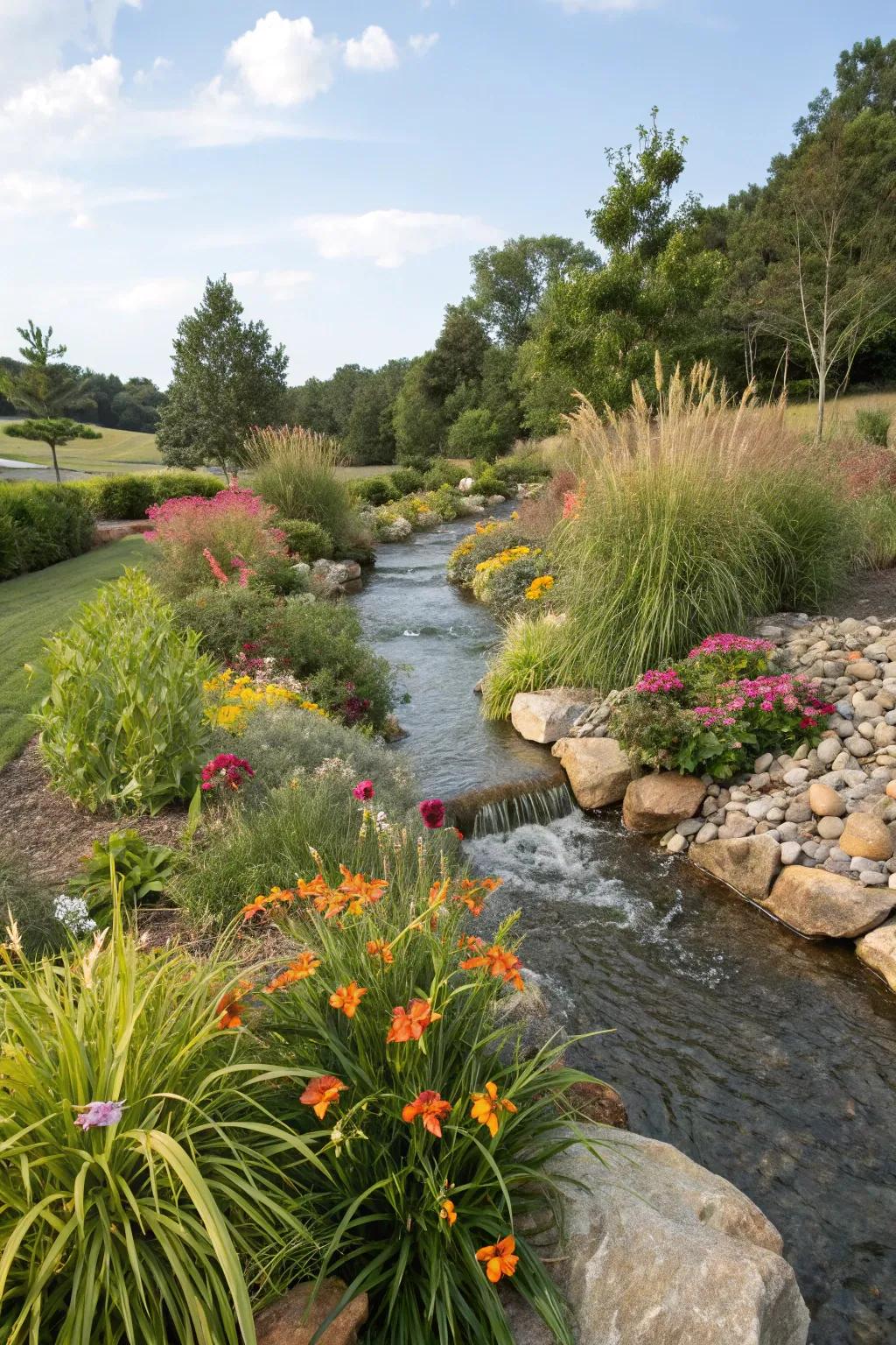 Berms divert water and add garden interest.